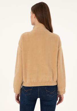 Kadın Kum Dik Yaka Fermuarlı Polar Sweatshirt - 50297401014