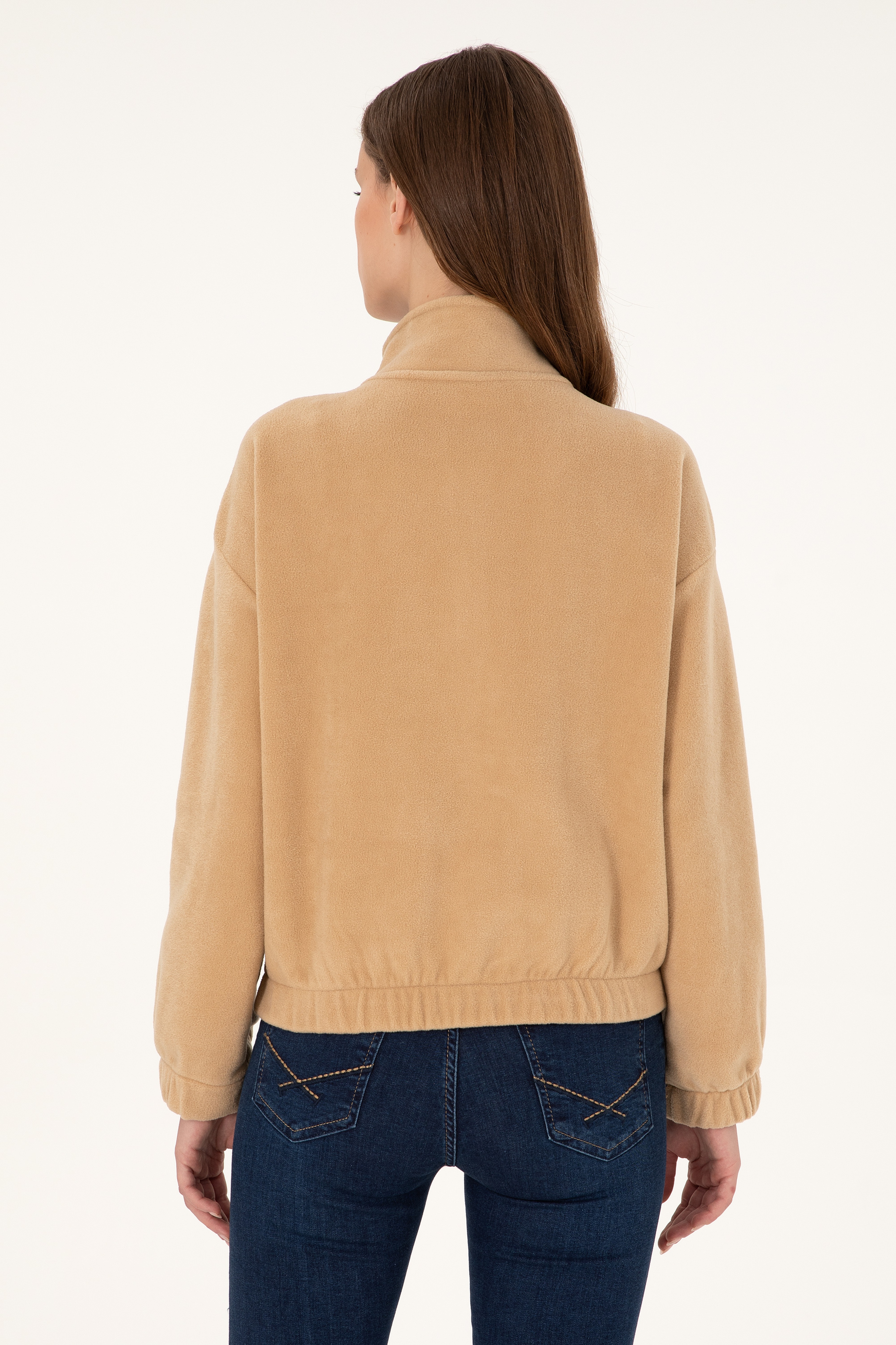 Kadın Kum Dik Yaka Fermuarlı Polar Sweatshirt - Image 5