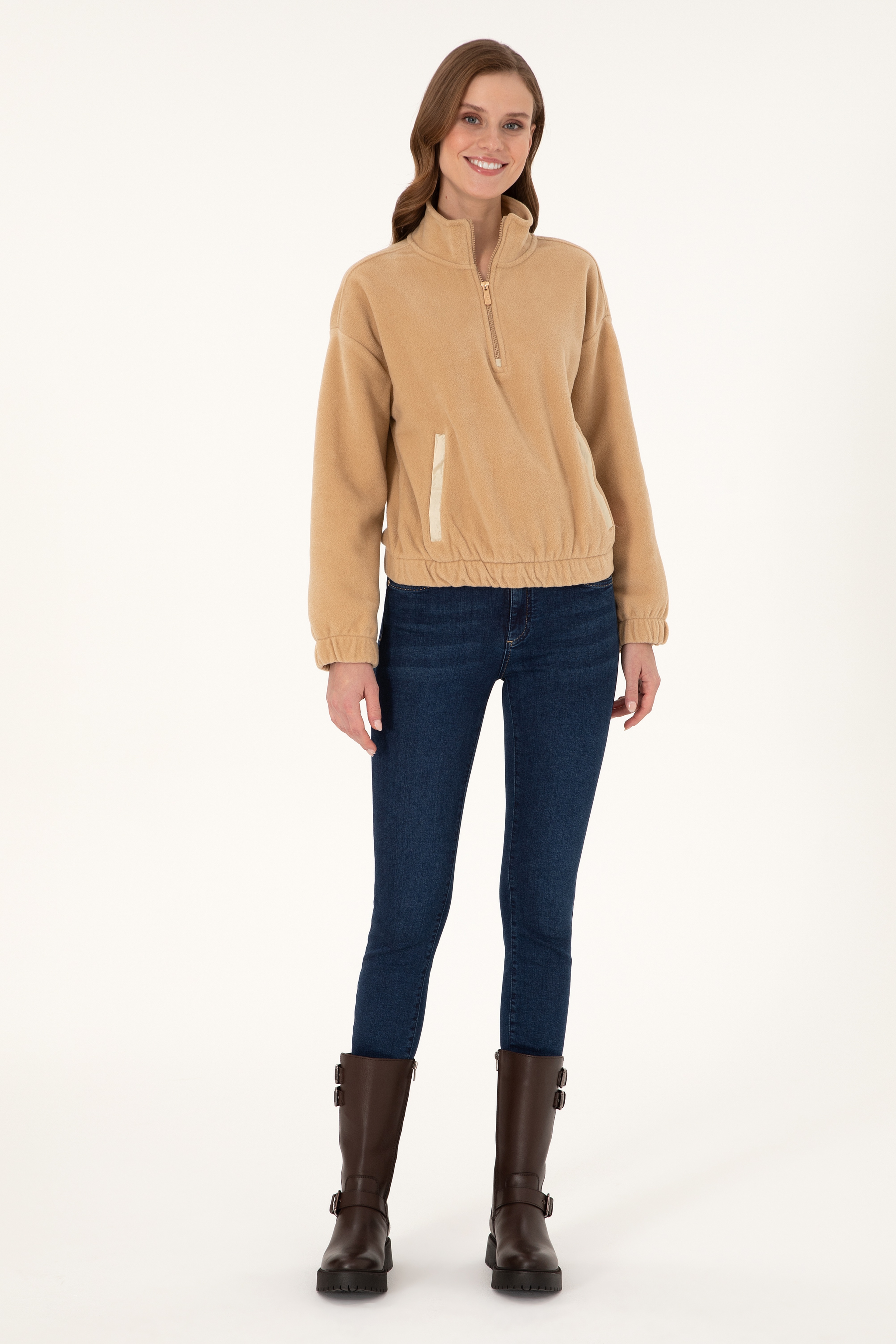 Kadın Kum Dik Yaka Fermuarlı Polar Sweatshirt - Image 4