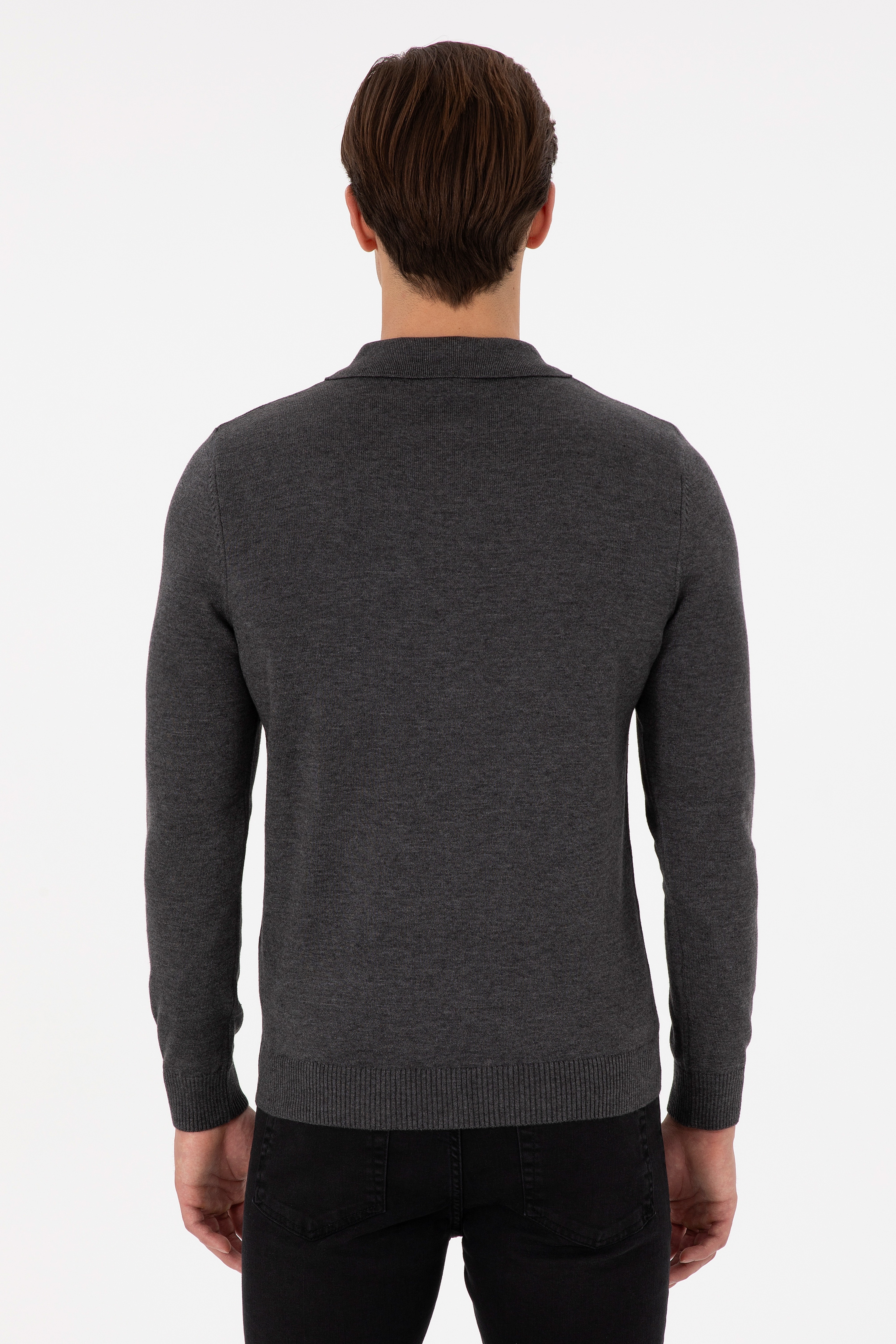 Erkek Slim Fit Yarım Fermuarlı Antrasit Melanj Basic Kazak - Image 5
