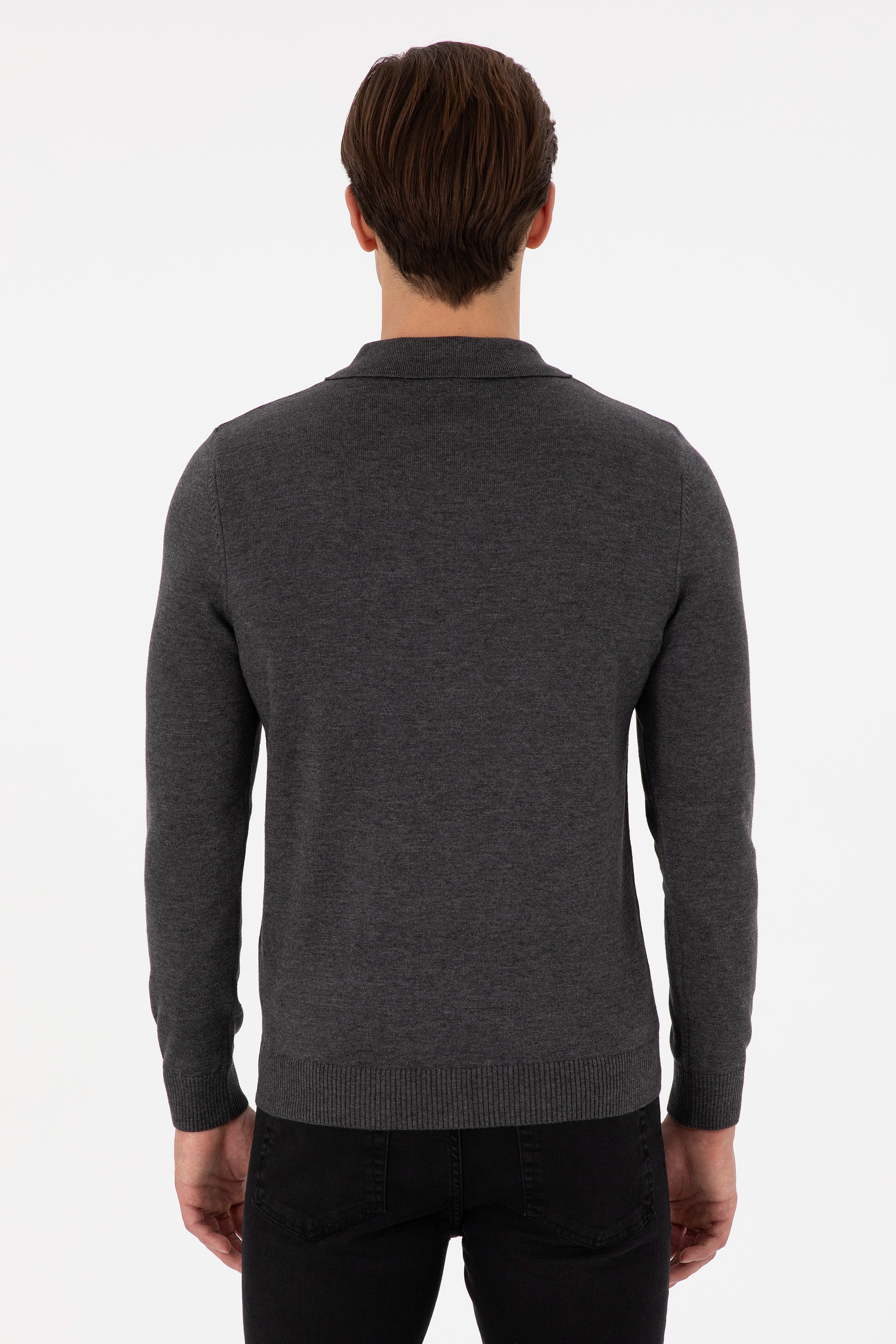 Erkek Slim Fit Yarım Fermuarlı Antrasit Melanj Basic Kazak