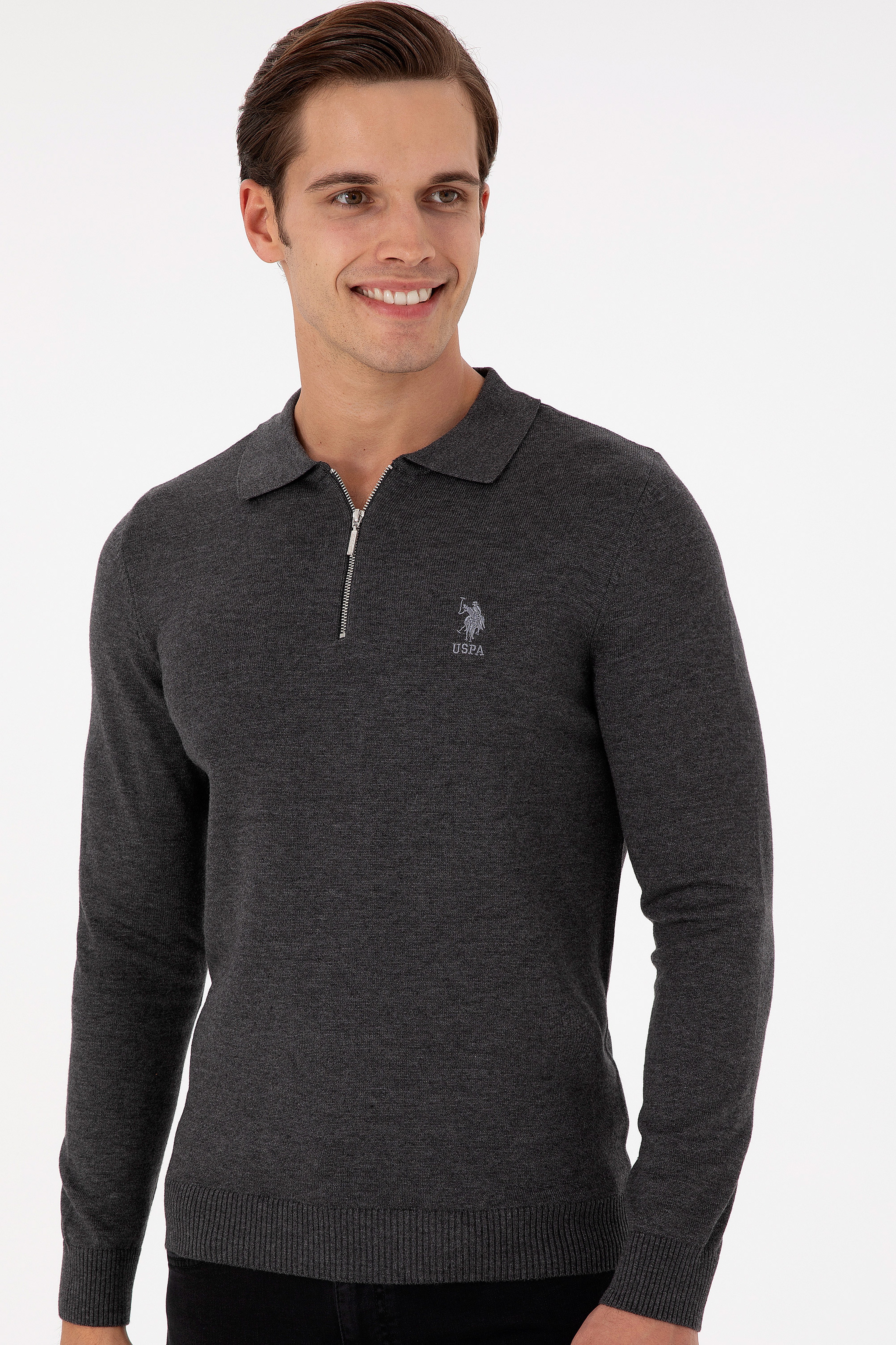 Erkek Slim Fit Yarım Fermuarlı Antrasit Melanj Basic Kazak - Image 3