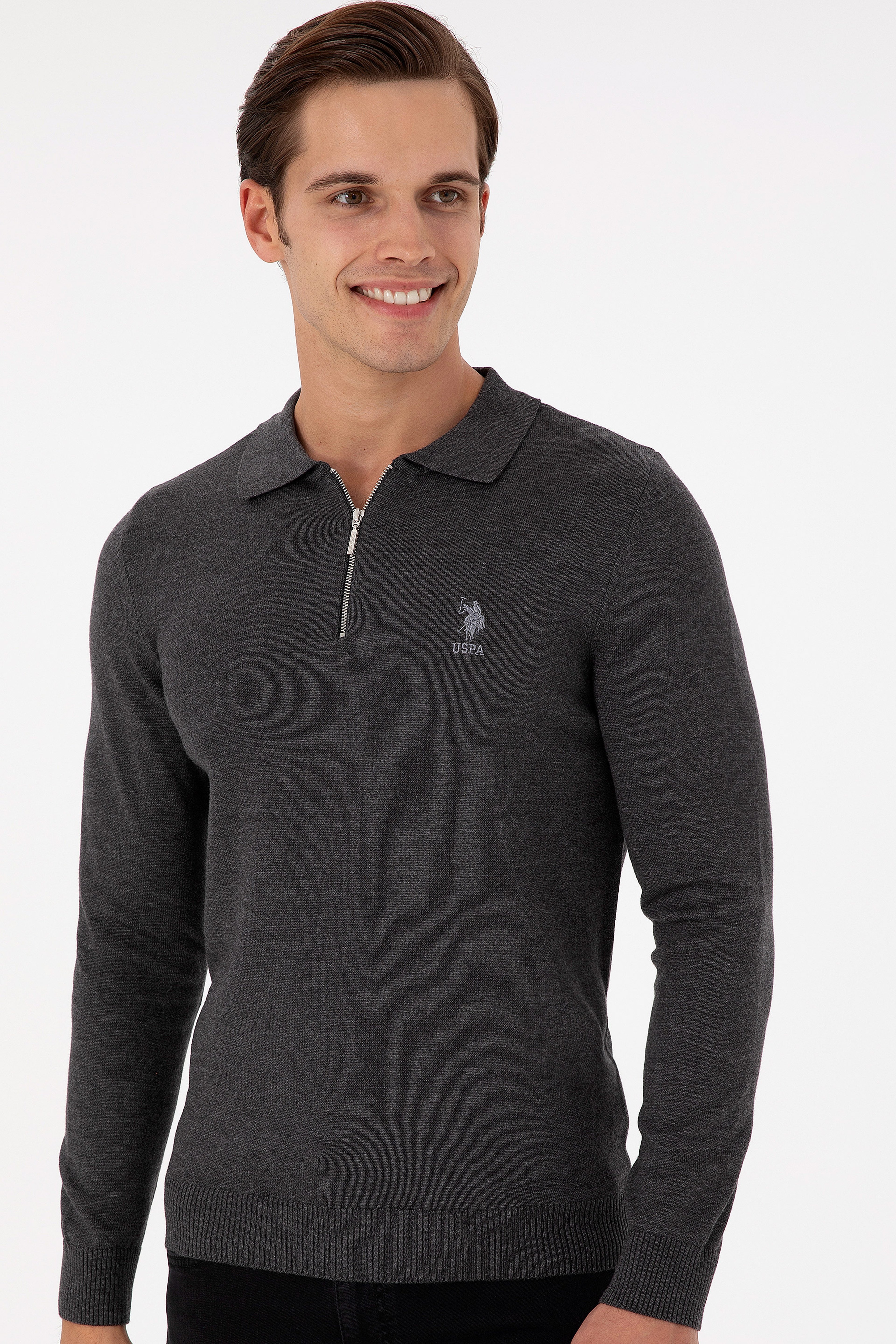 Erkek Slim Fit Yarım Fermuarlı Antrasit Melanj Basic Kazak