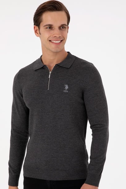 Erkek Slim Fit Yarım Fermuarlı Antrasit Melanj Basic Kazak