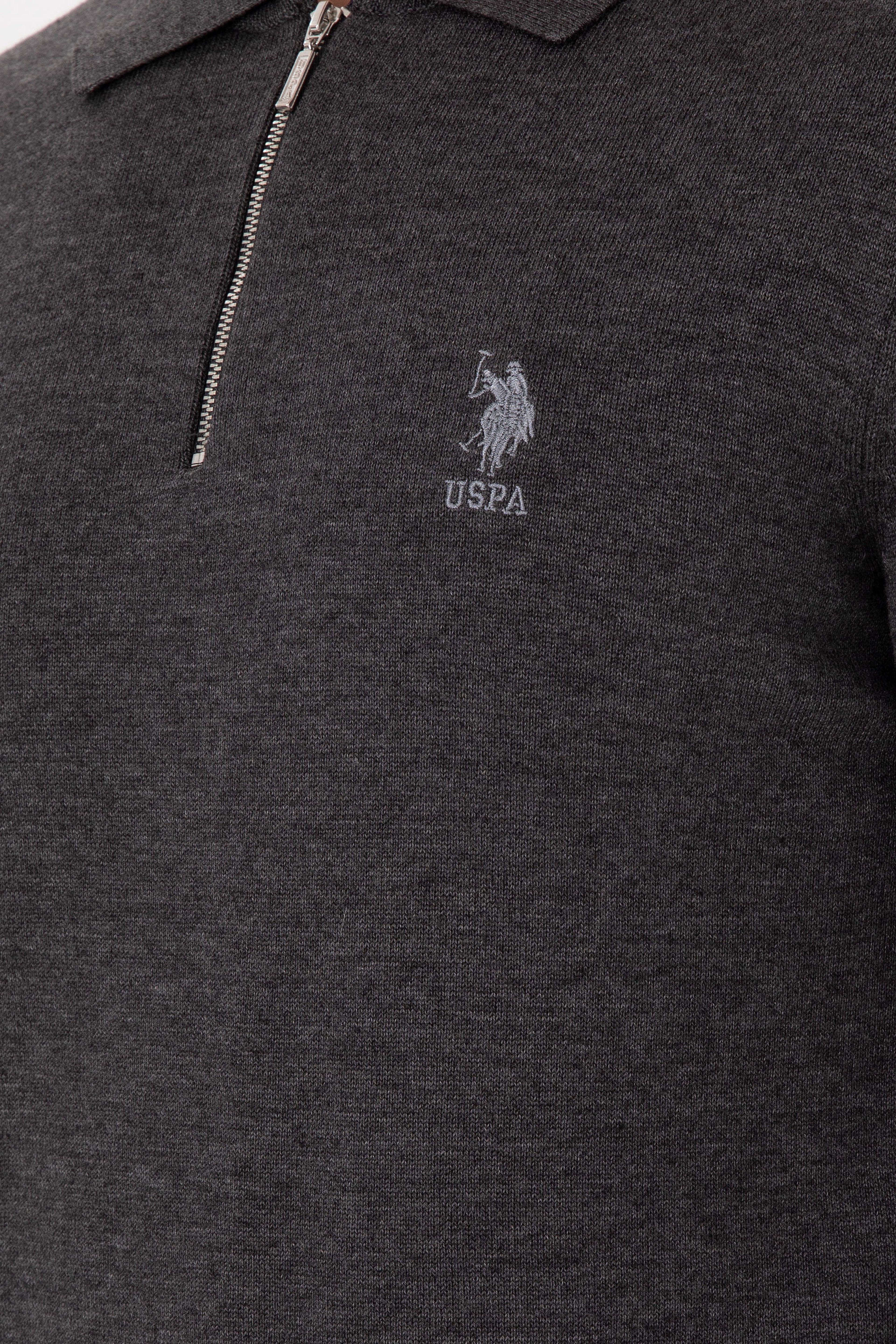 Erkek Slim Fit Yarım Fermuarlı Antrasit Melanj Basic Kazak