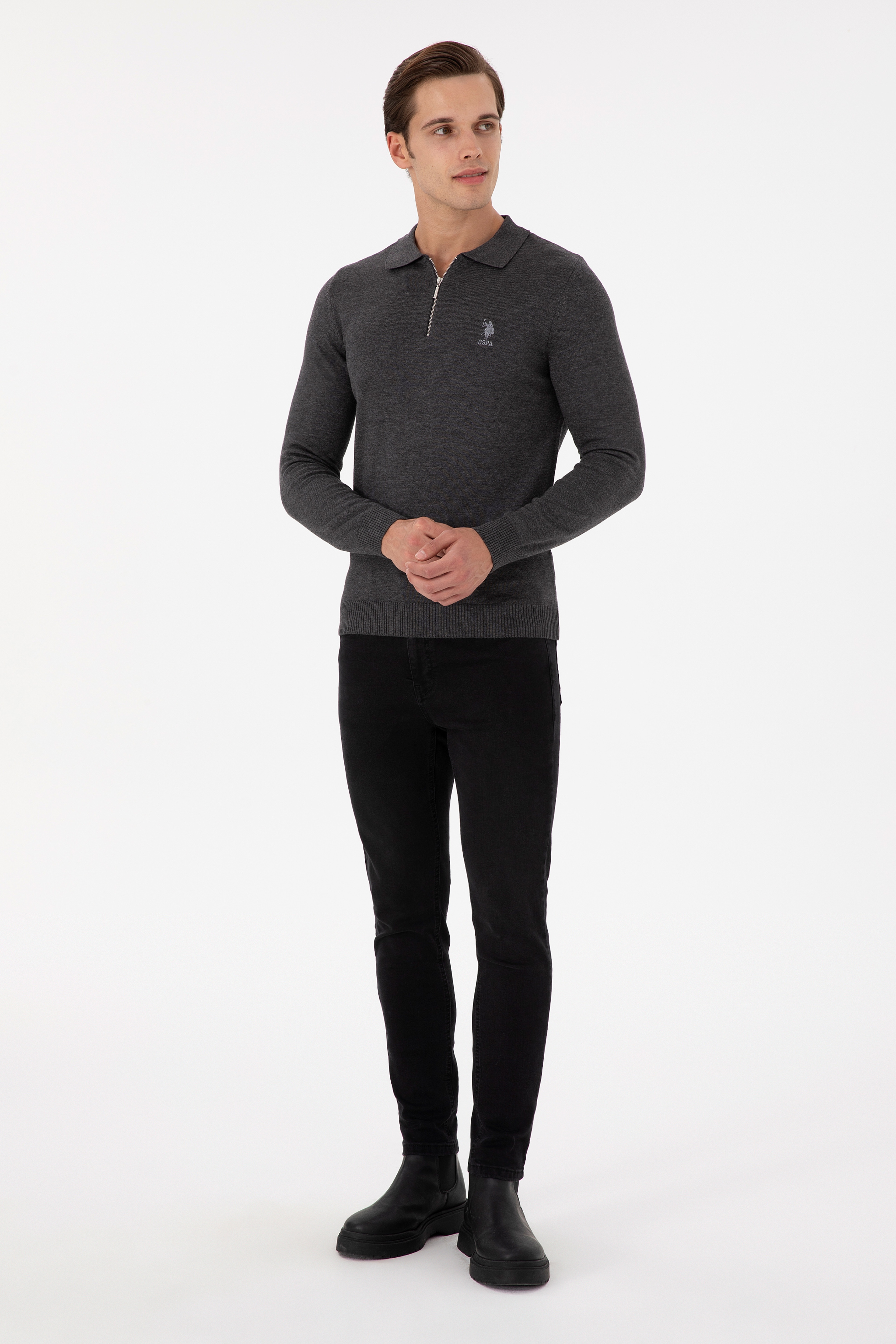 Erkek Slim Fit Yarım Fermuarlı Antrasit Melanj Basic Kazak - Image 4