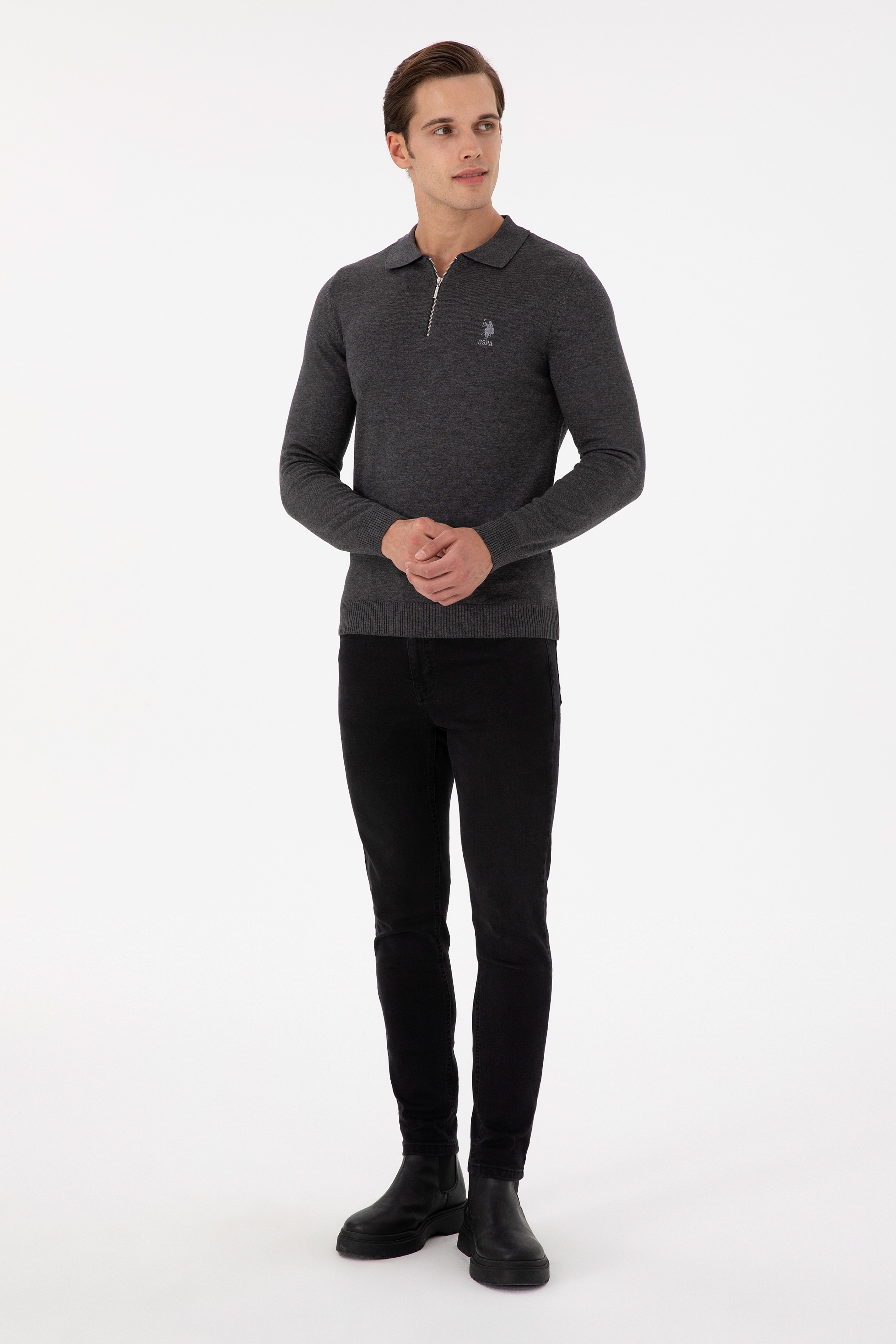 Erkek Slim Fit Yarım Fermuarlı Antrasit Melanj Basic Kazak