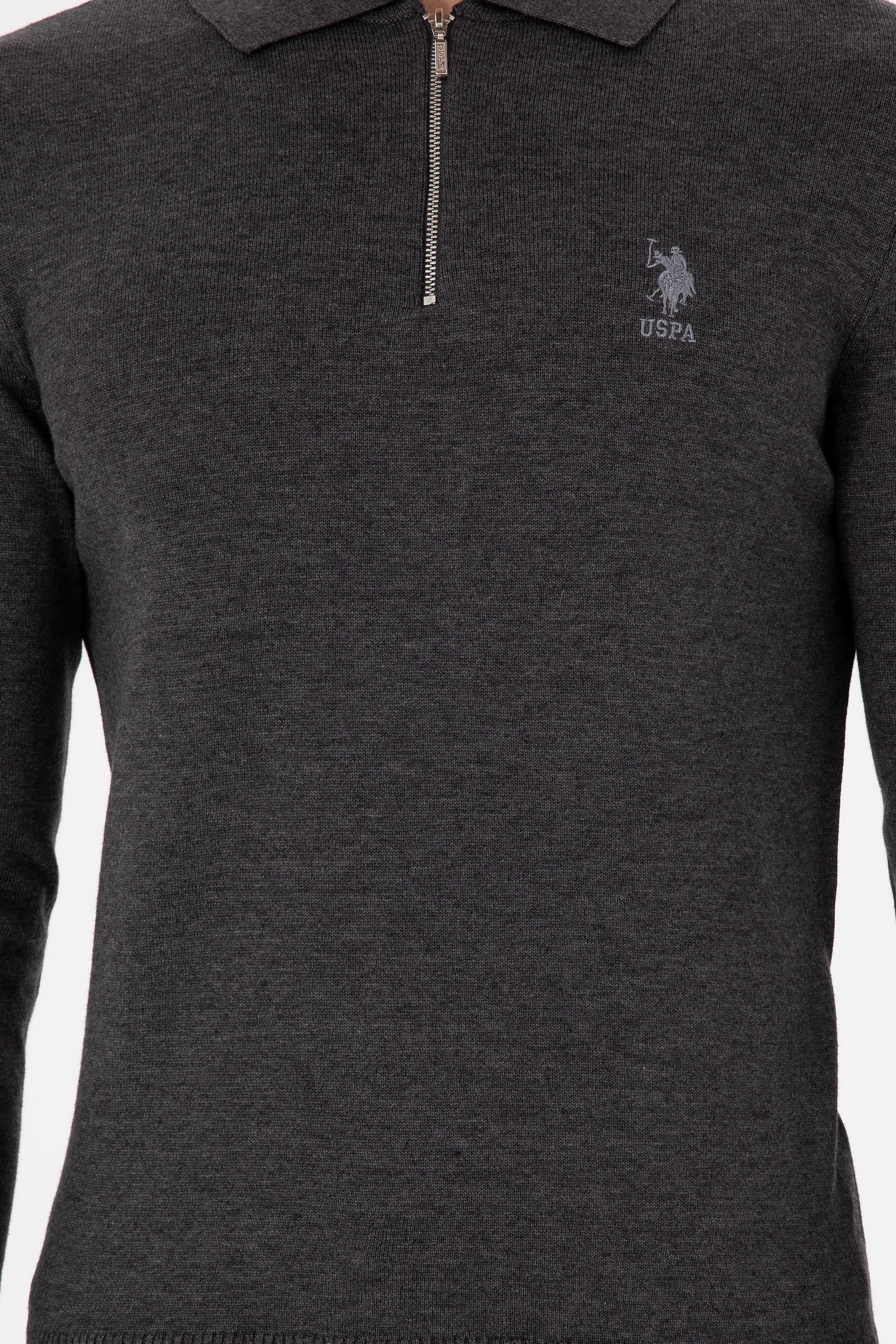Erkek Slim Fit Yarım Fermuarlı Antrasit Melanj Basic Kazak - Image 6