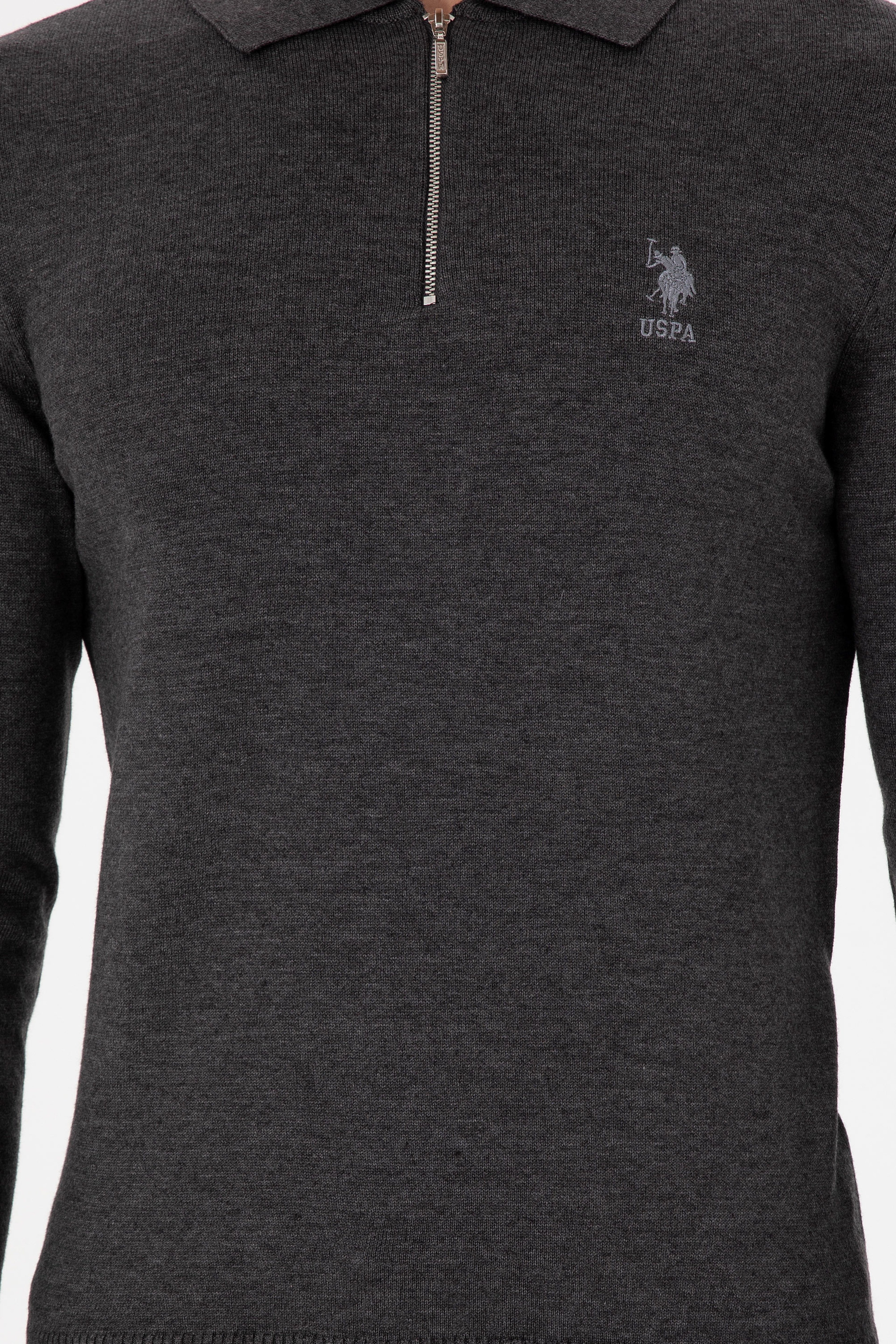 Erkek Slim Fit Yarım Fermuarlı Antrasit Melanj Basic Kazak