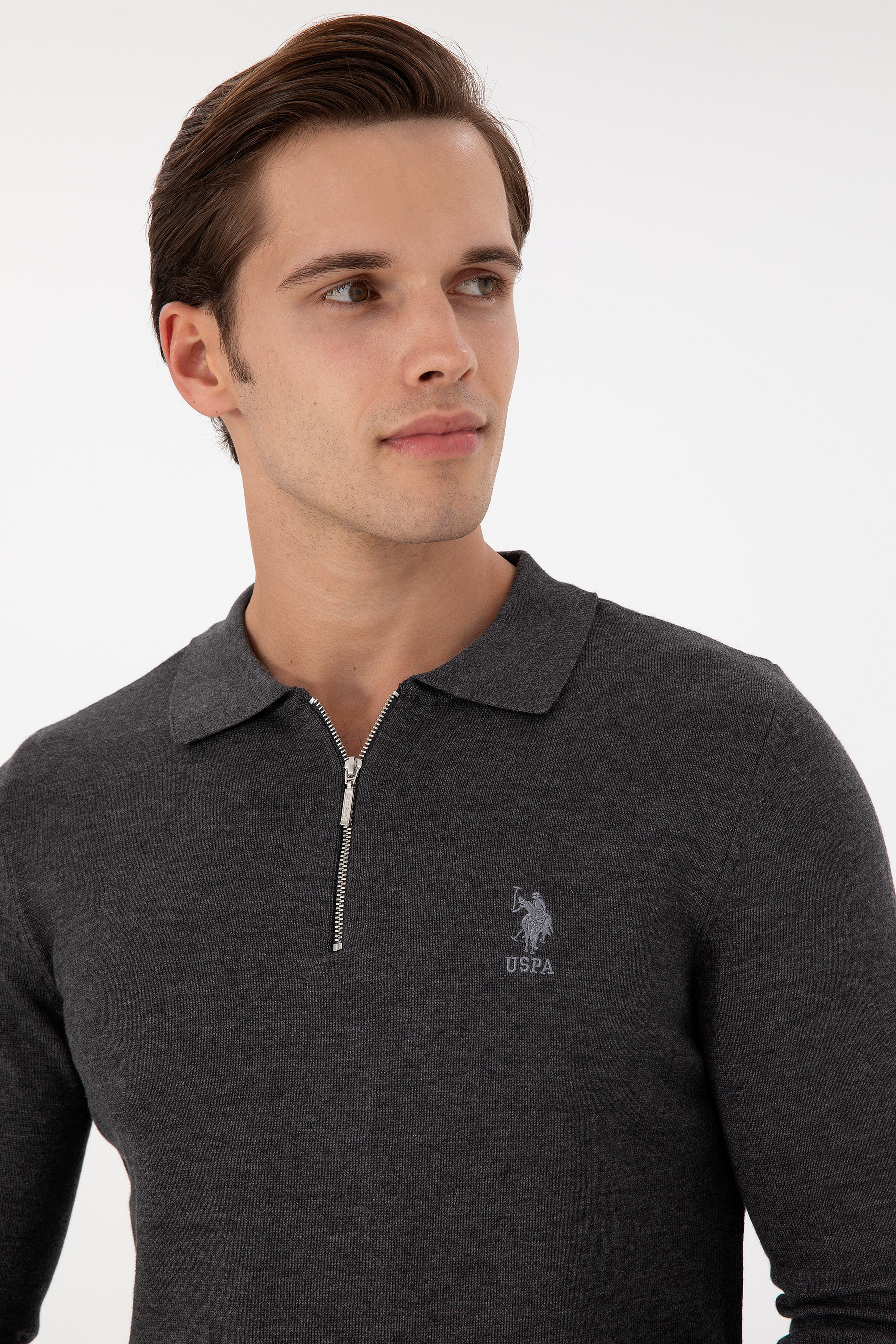 Erkek Slim Fit Yarım Fermuarlı Antrasit Melanj Basic Kazak