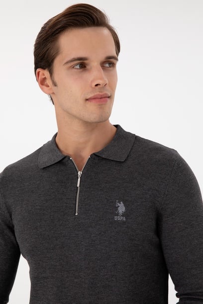 Erkek Slim Fit Yarım Fermuarlı Antrasit Melanj Basic Kazak
