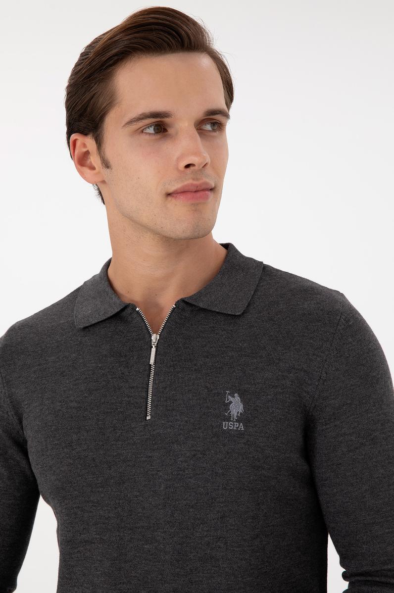 Erkek Slim Fit Yarım Fermuarlı Antrasit Melanj Basic Kazak