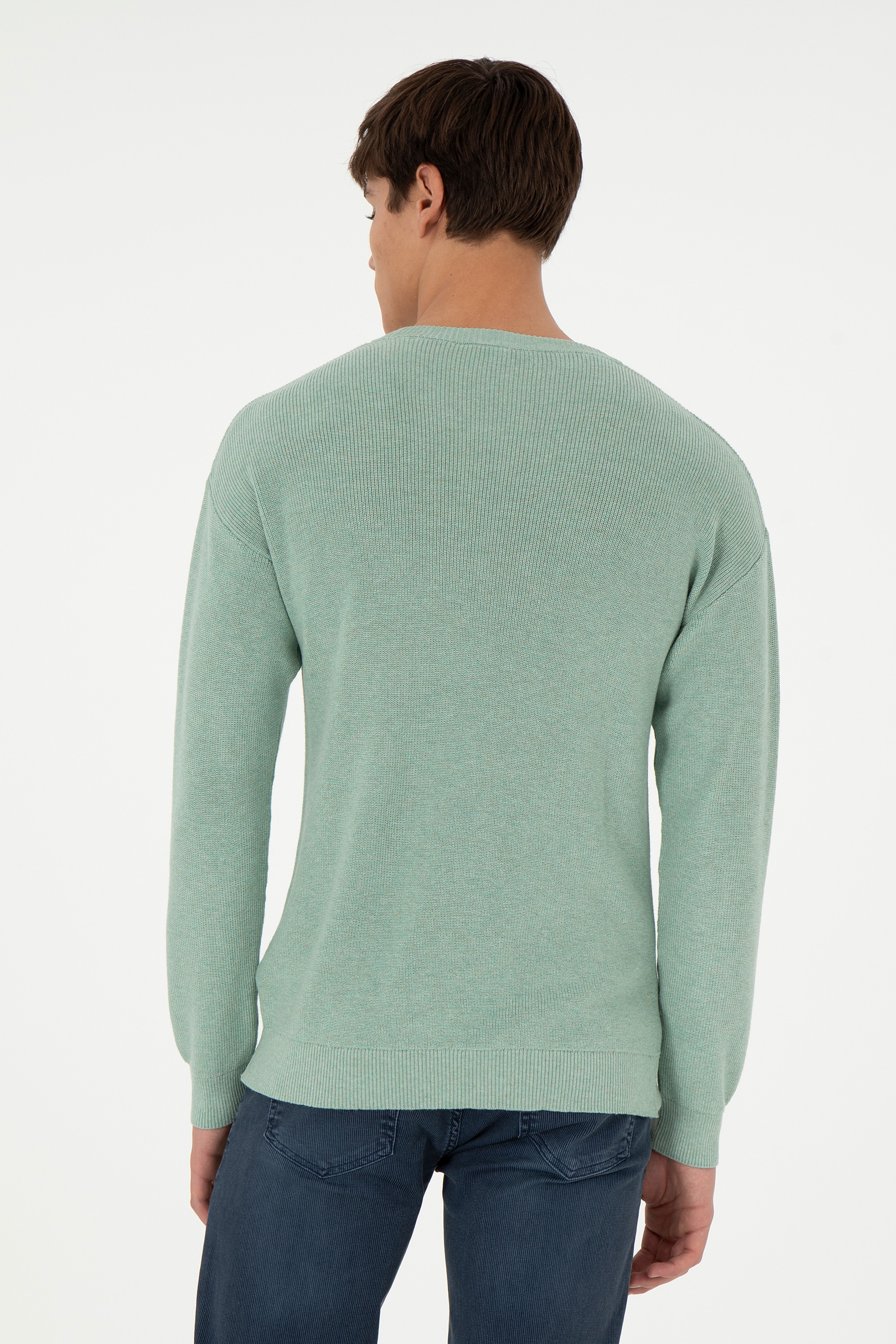 Erkek Regular Fit Bisiklet Yaka Yeşil Melanj Basic Kazak - Image 5