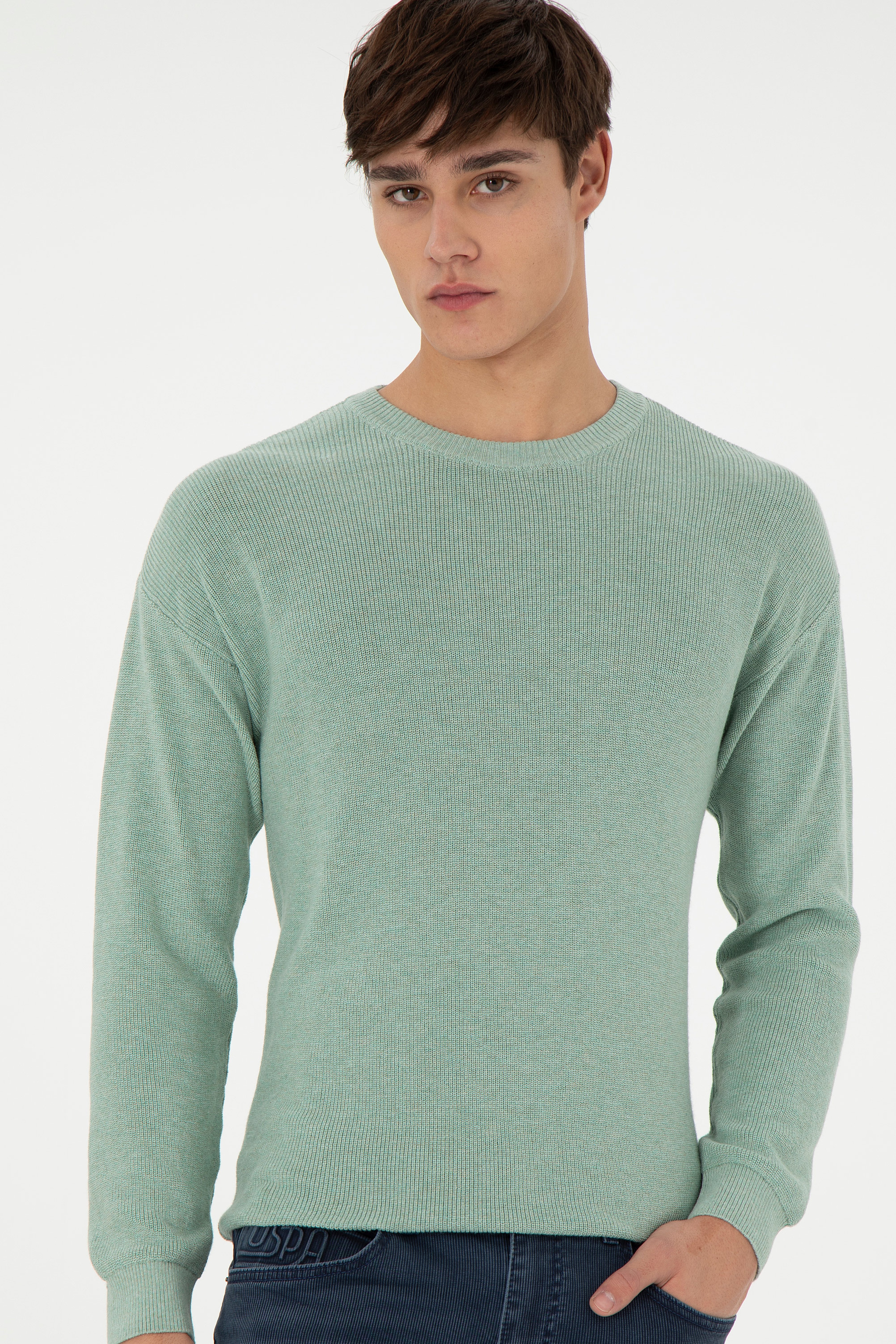 Erkek Regular Fit Bisiklet Yaka Yeşil Melanj Basic Kazak - Image 3