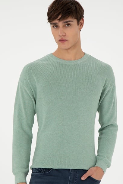 Erkek Regular Fit Bisiklet Yaka Yeşil Melanj Basic Kazak