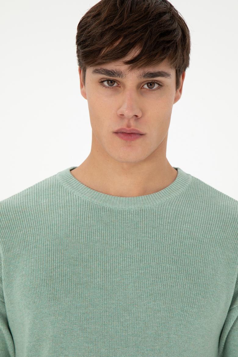 Erkek Regular Fit Bisiklet Yaka Yeşil Melanj Basic Kazak - 50298267042