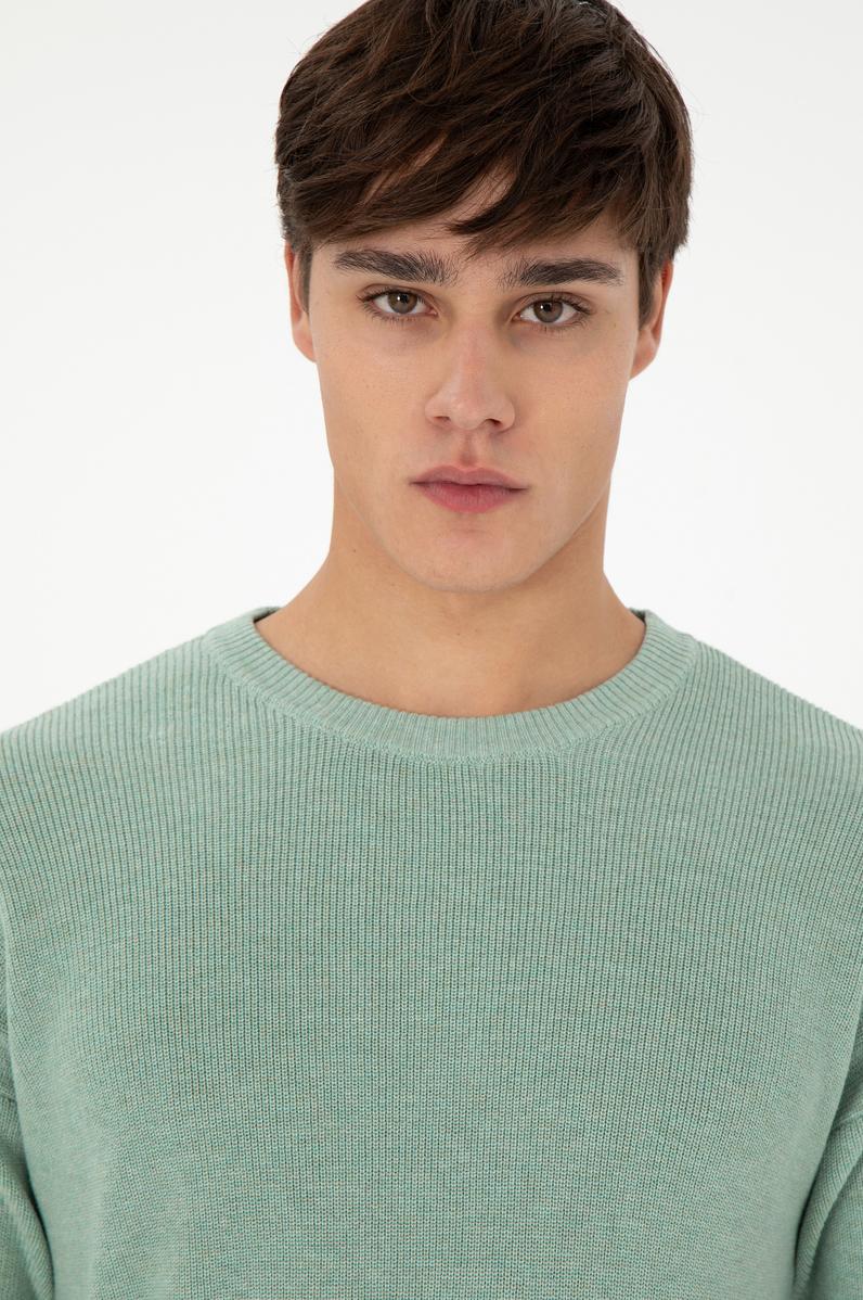 Erkek Regular Fit Bisiklet Yaka Yeşil Melanj Basic Kazak