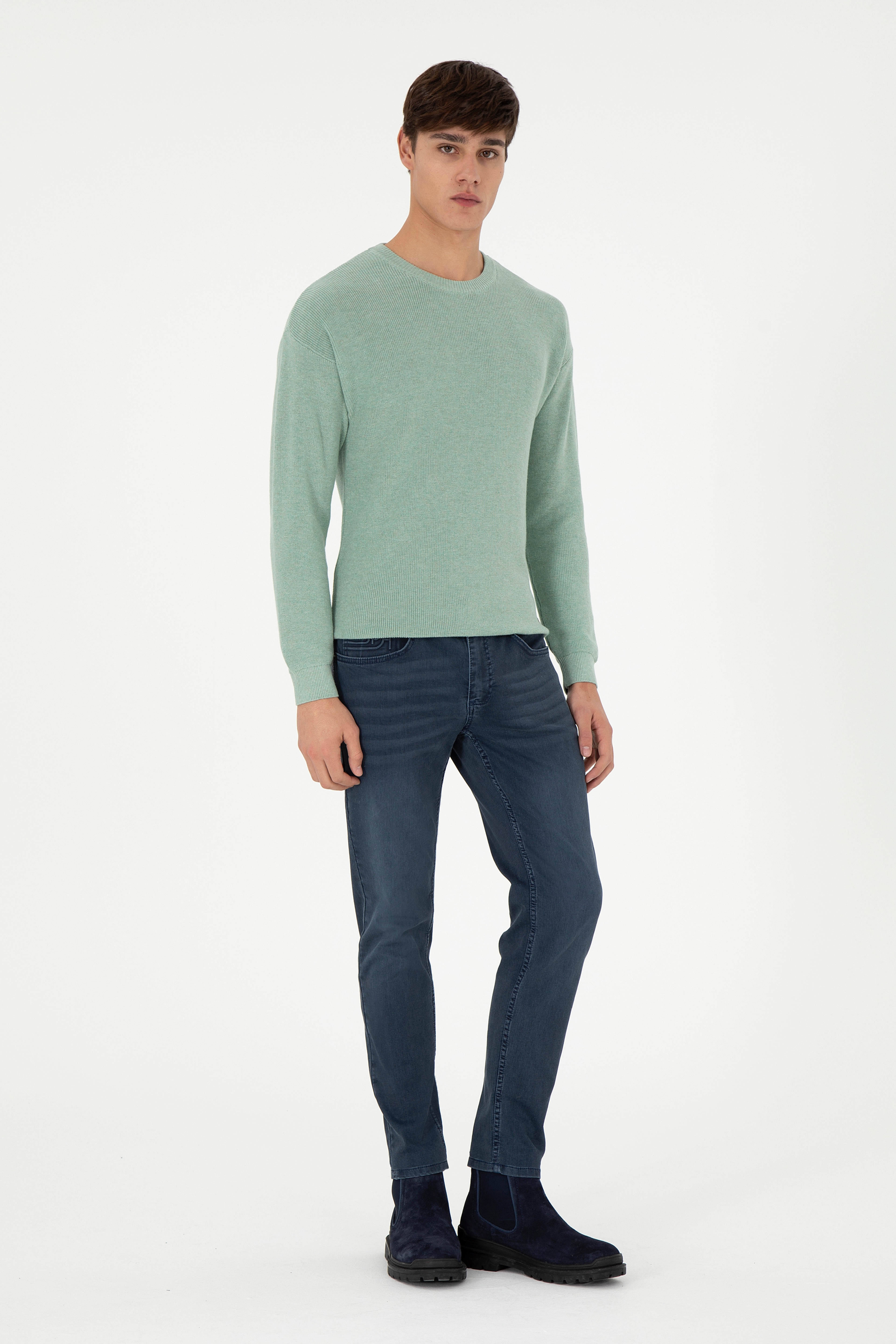 Erkek Regular Fit Bisiklet Yaka Yeşil Melanj Basic Kazak