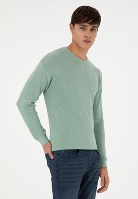 Erkek Regular Fit Bisiklet Yaka Yeşil Melanj Basic Kazak - 50298267042