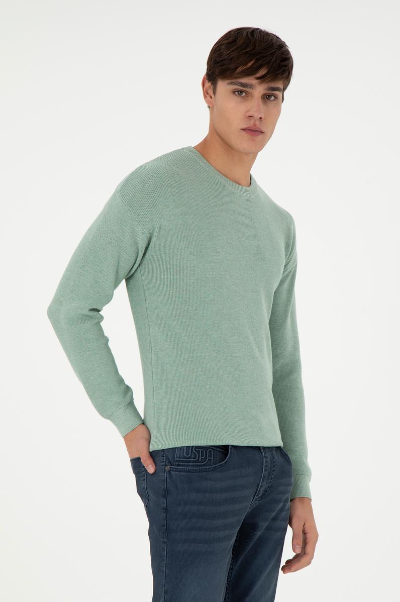 Erkek Regular Fit Bisiklet Yaka Yeşil Melanj Basic Kazak