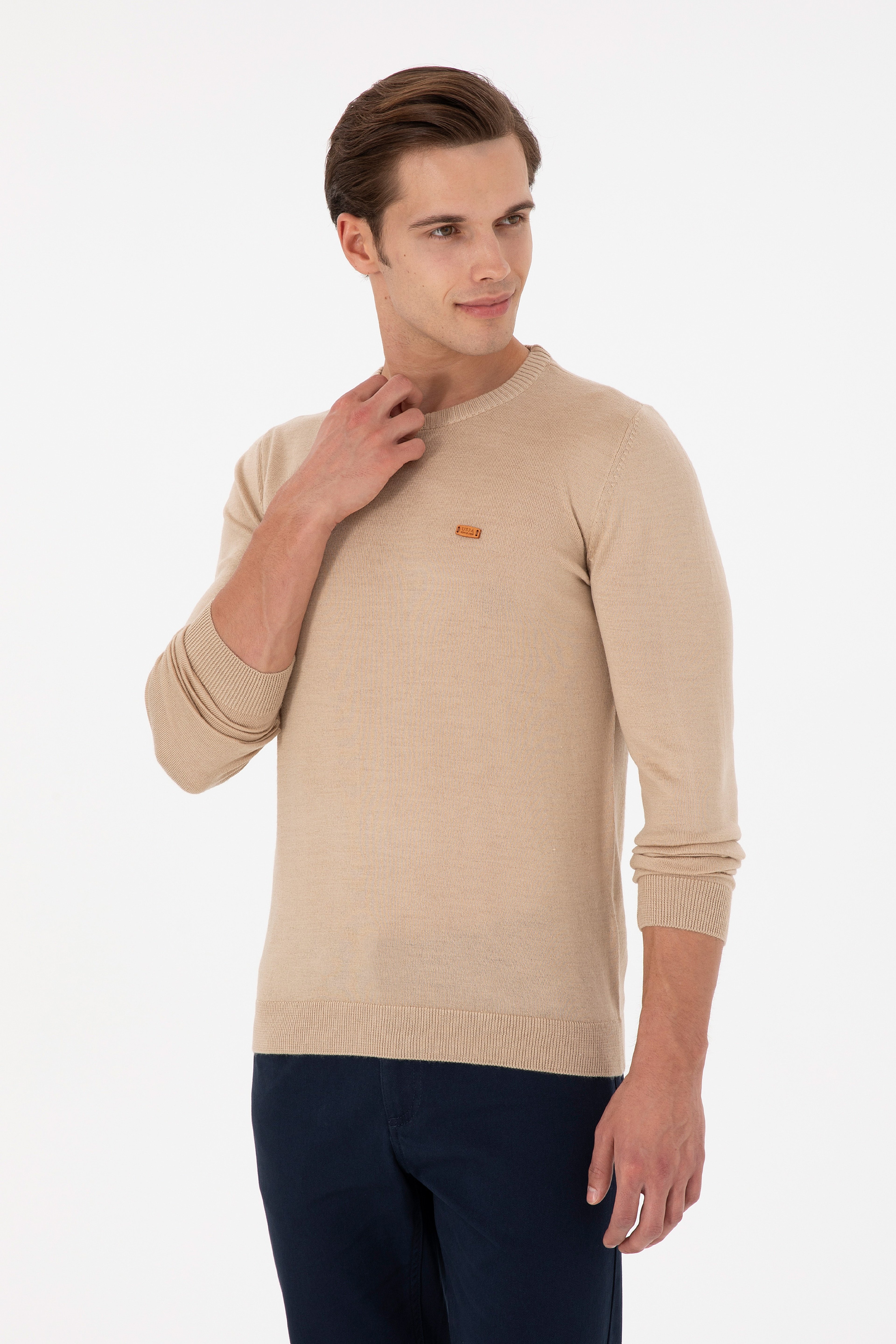 Erkek Slim Fit Bisiklet Yaka Kum Melanj Kazak - Image 1