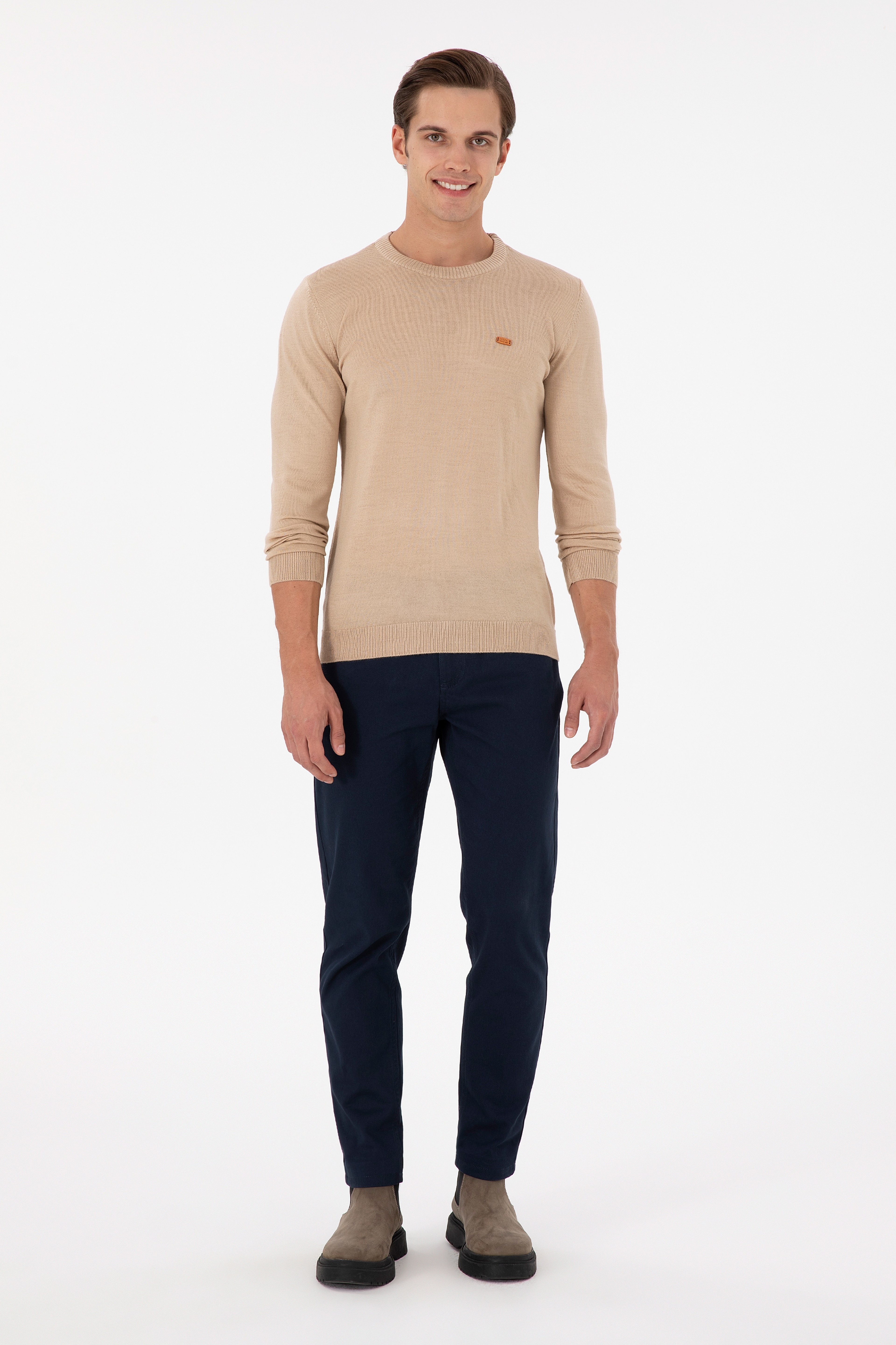 Erkek Slim Fit Bisiklet Yaka Kum Melanj Kazak