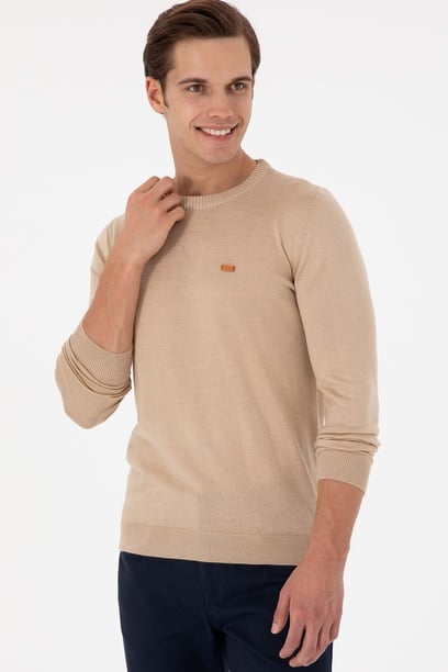 Erkek Slim Fit Bisiklet Yaka Kum Melanj Kazak