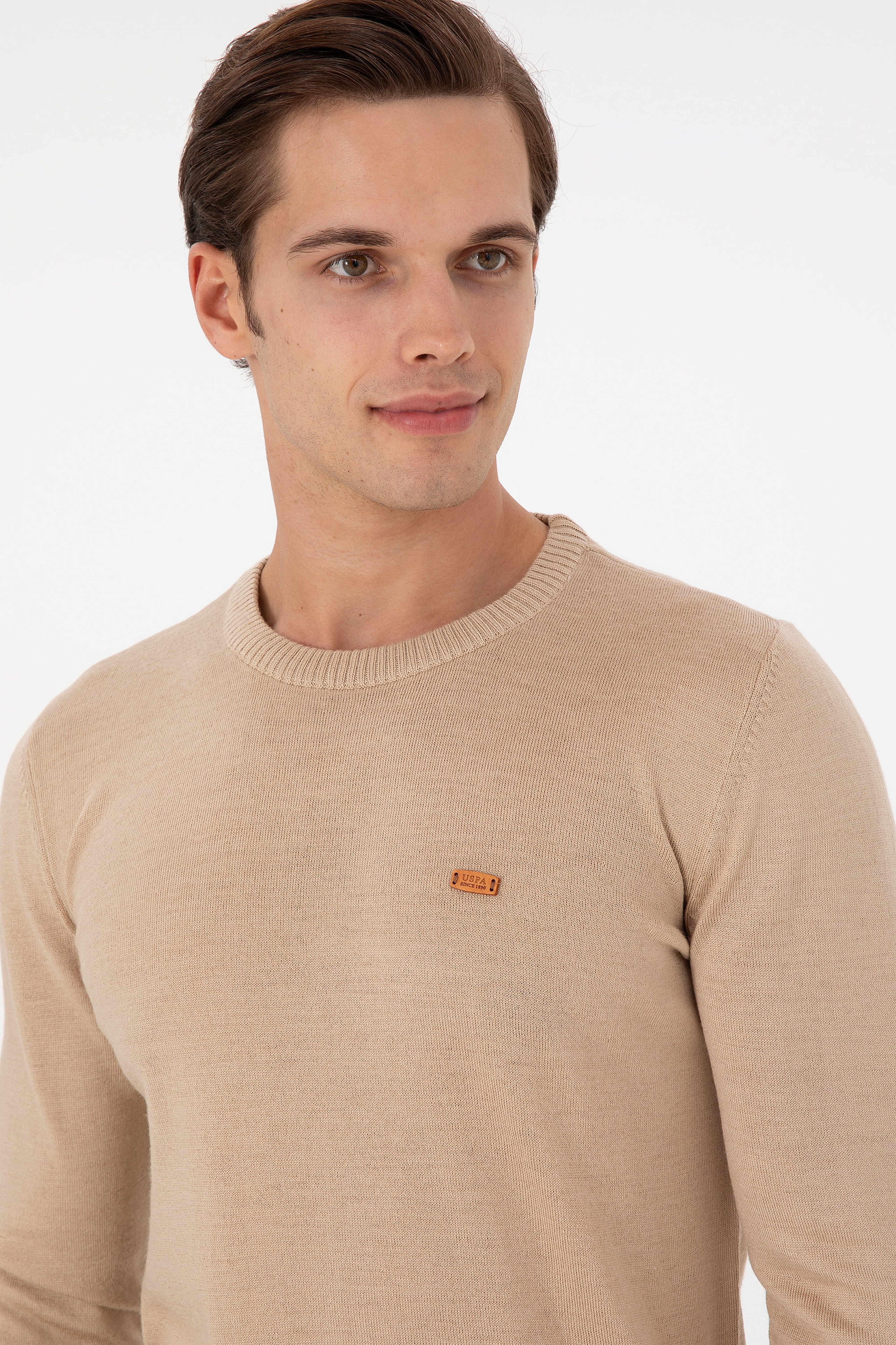 Erkek Slim Fit Bisiklet Yaka Kum Melanj Kazak - Image 2