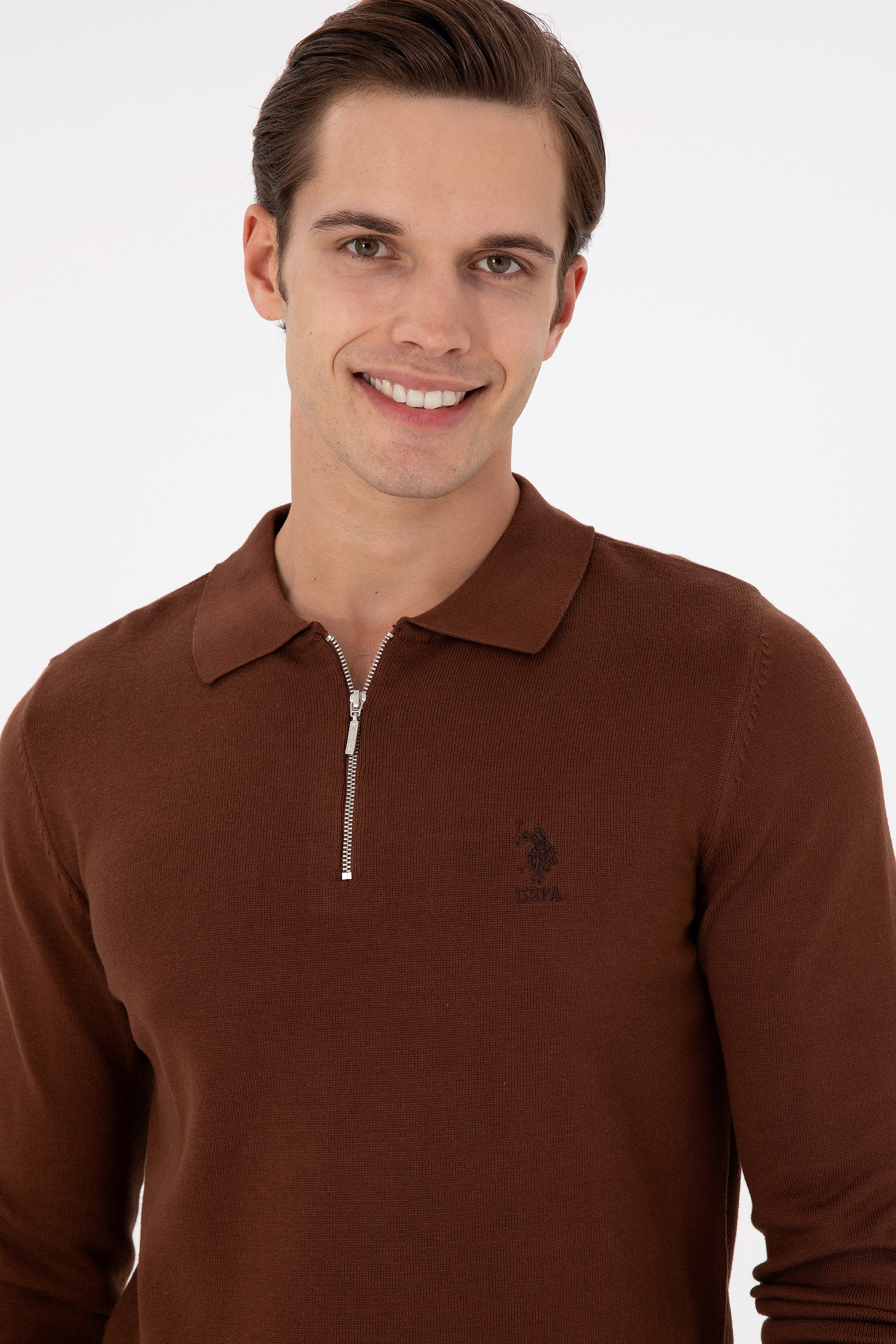 Erkek Slim Fit Yarım Fermuarlı Kahverengi Basic Kazak - Image 2
