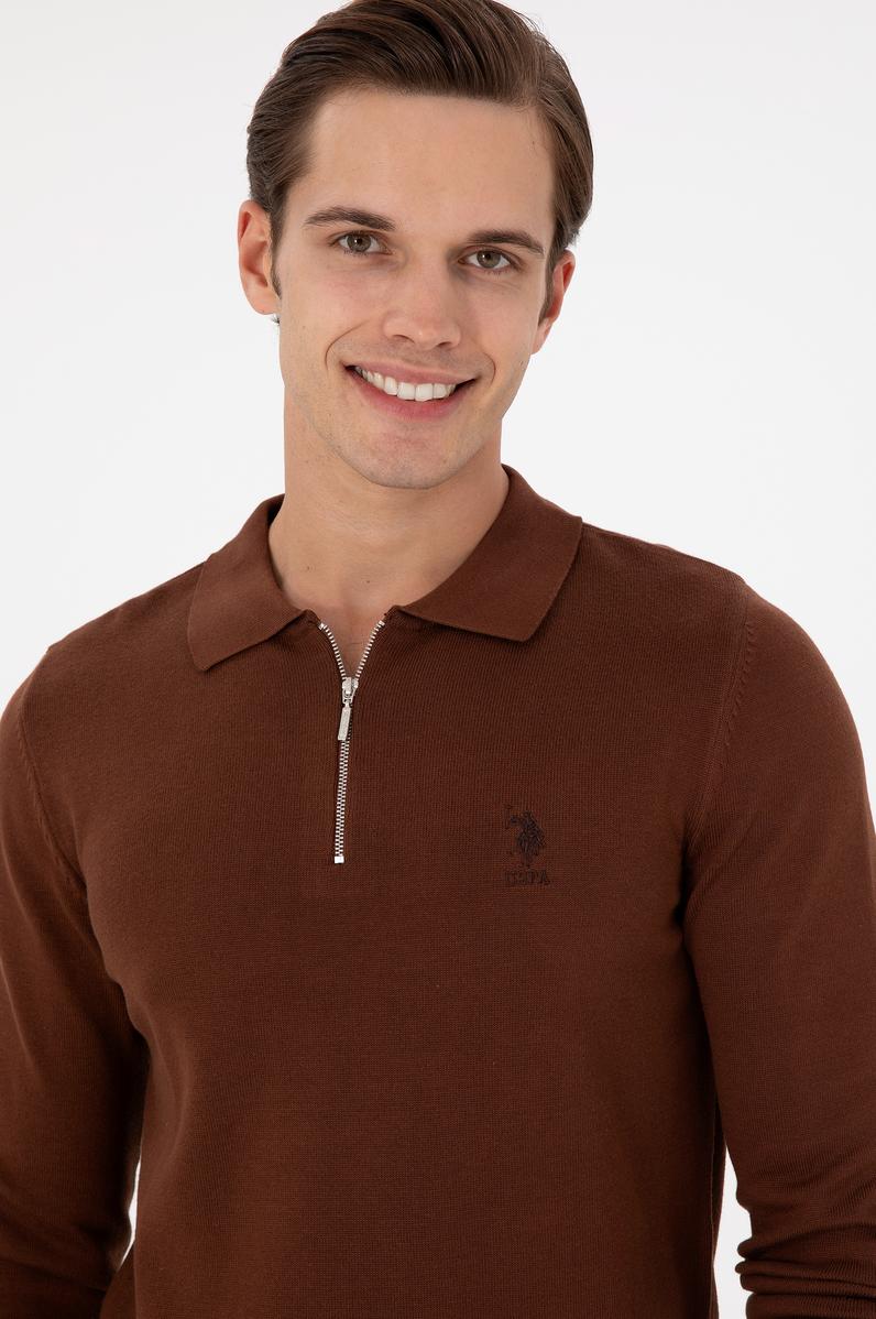 Erkek Slim Fit Yarım Fermuarlı Kahverengi Basic Kazak