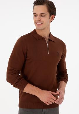 Erkek Slim Fit Yarım Fermuarlı Kahverengi Basic Kazak - 50297066046