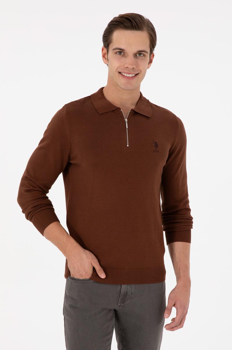 Erkek Slim Fit Yarım Fermuarlı Kahverengi Basic Kazak