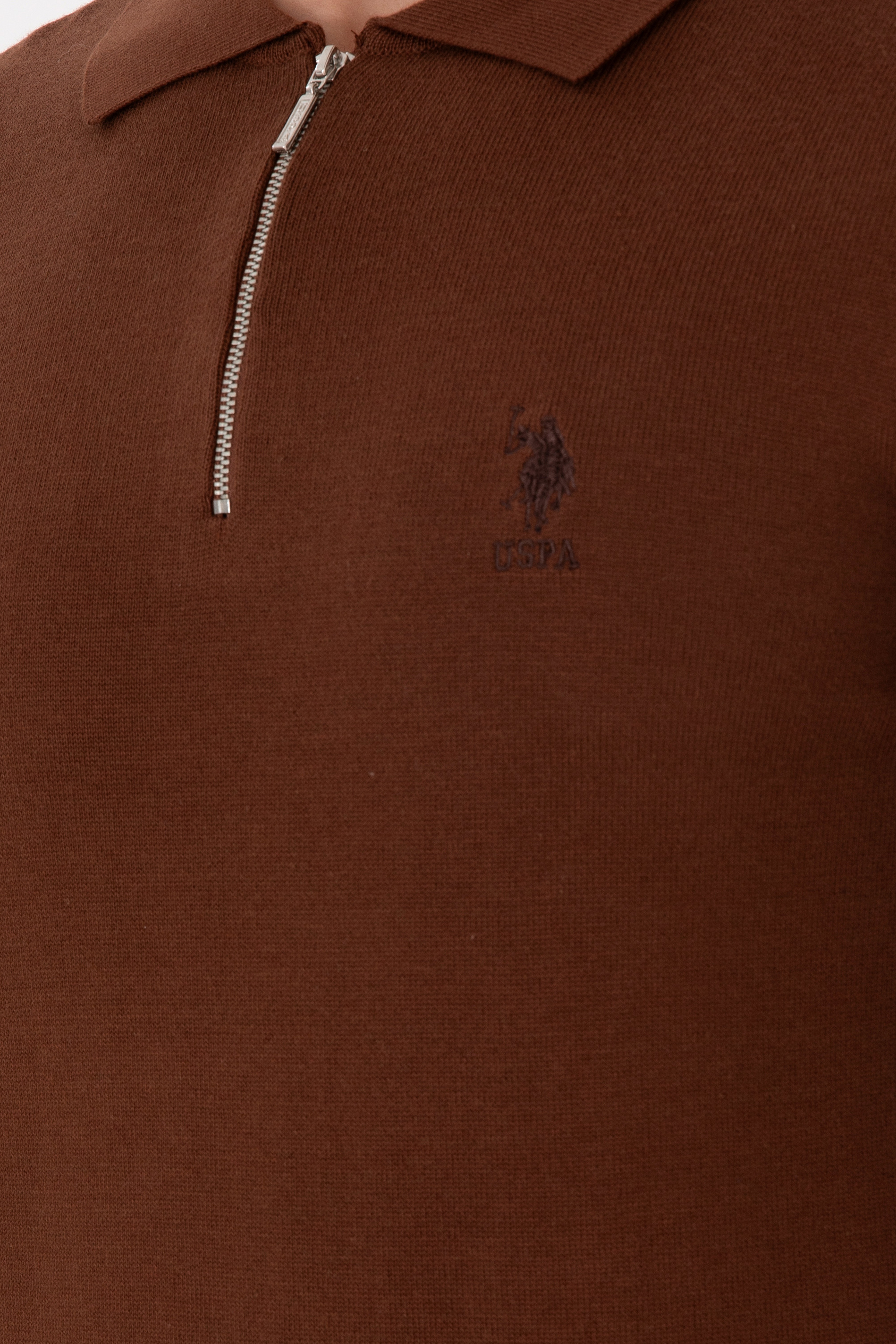 Erkek Slim Fit Yarım Fermuarlı Kahverengi Basic Kazak - Image 7