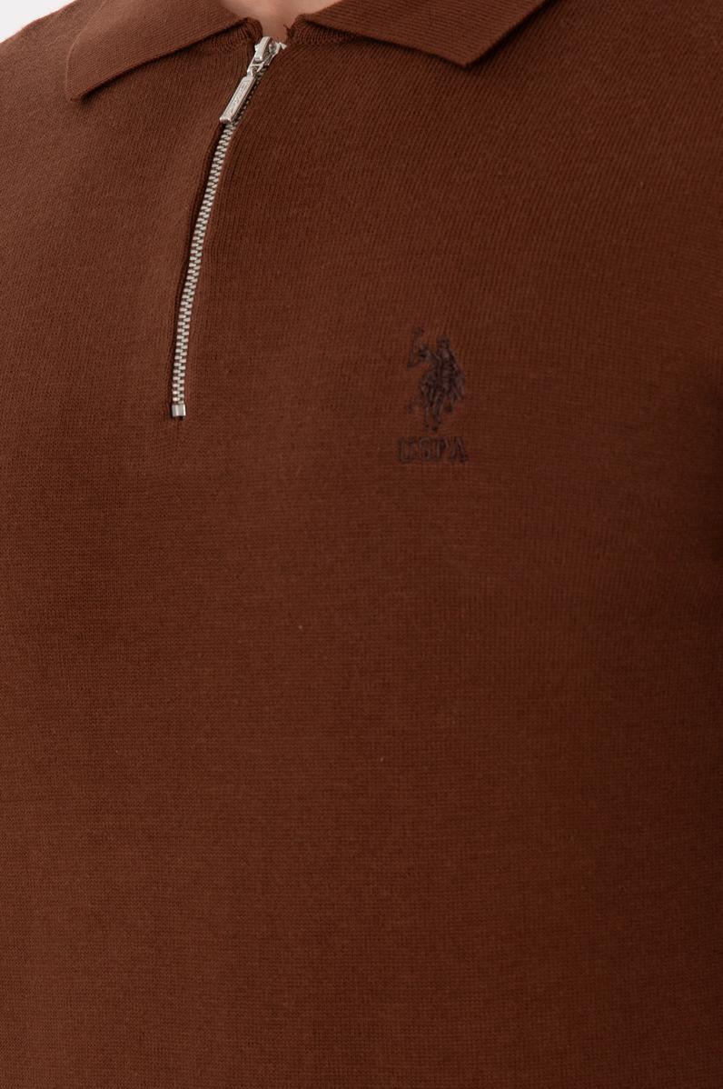 Erkek Slim Fit Yarım Fermuarlı Kahverengi Basic Kazak