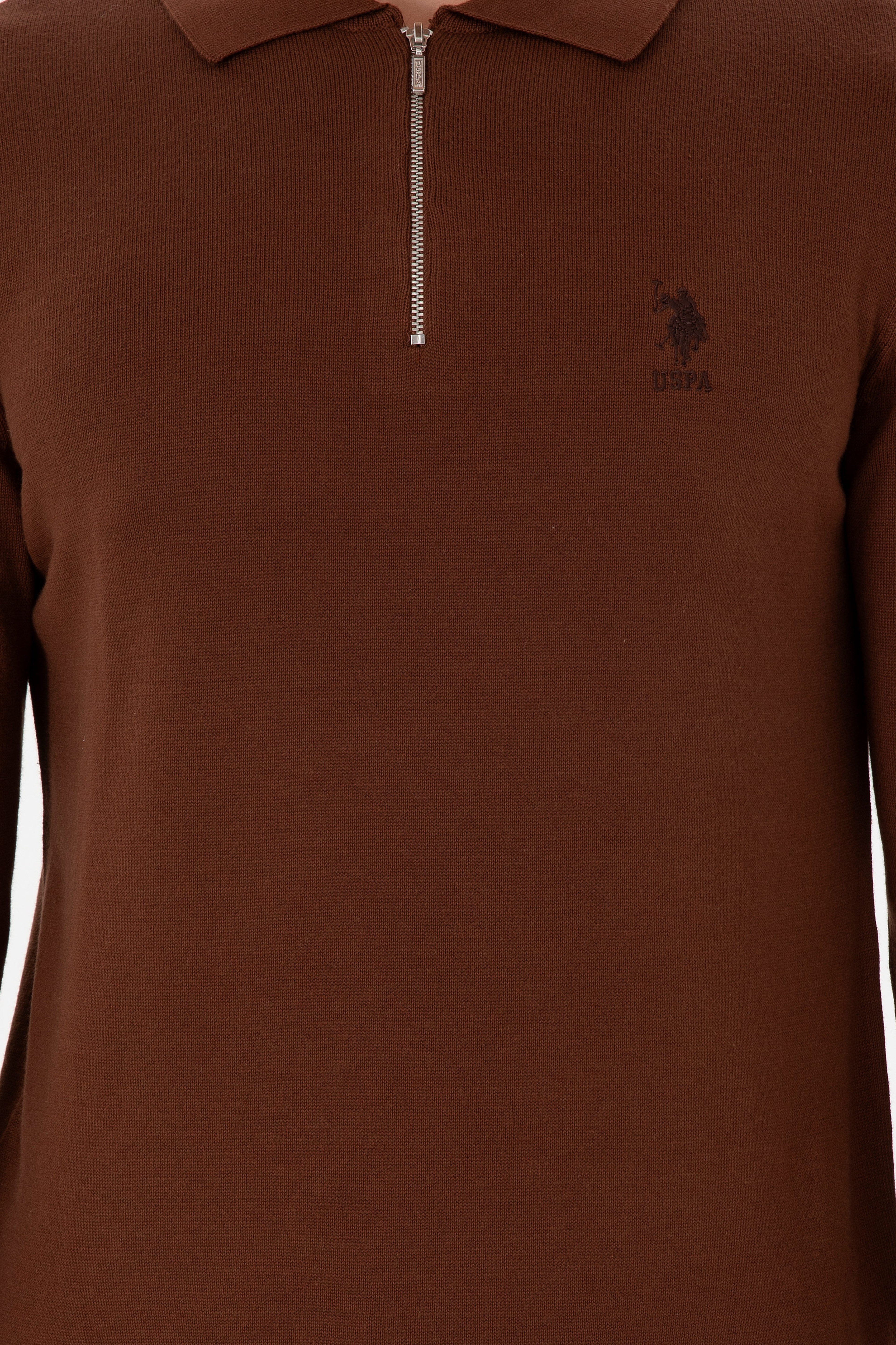 Erkek Slim Fit Yarım Fermuarlı Kahverengi Basic Kazak - Image 6