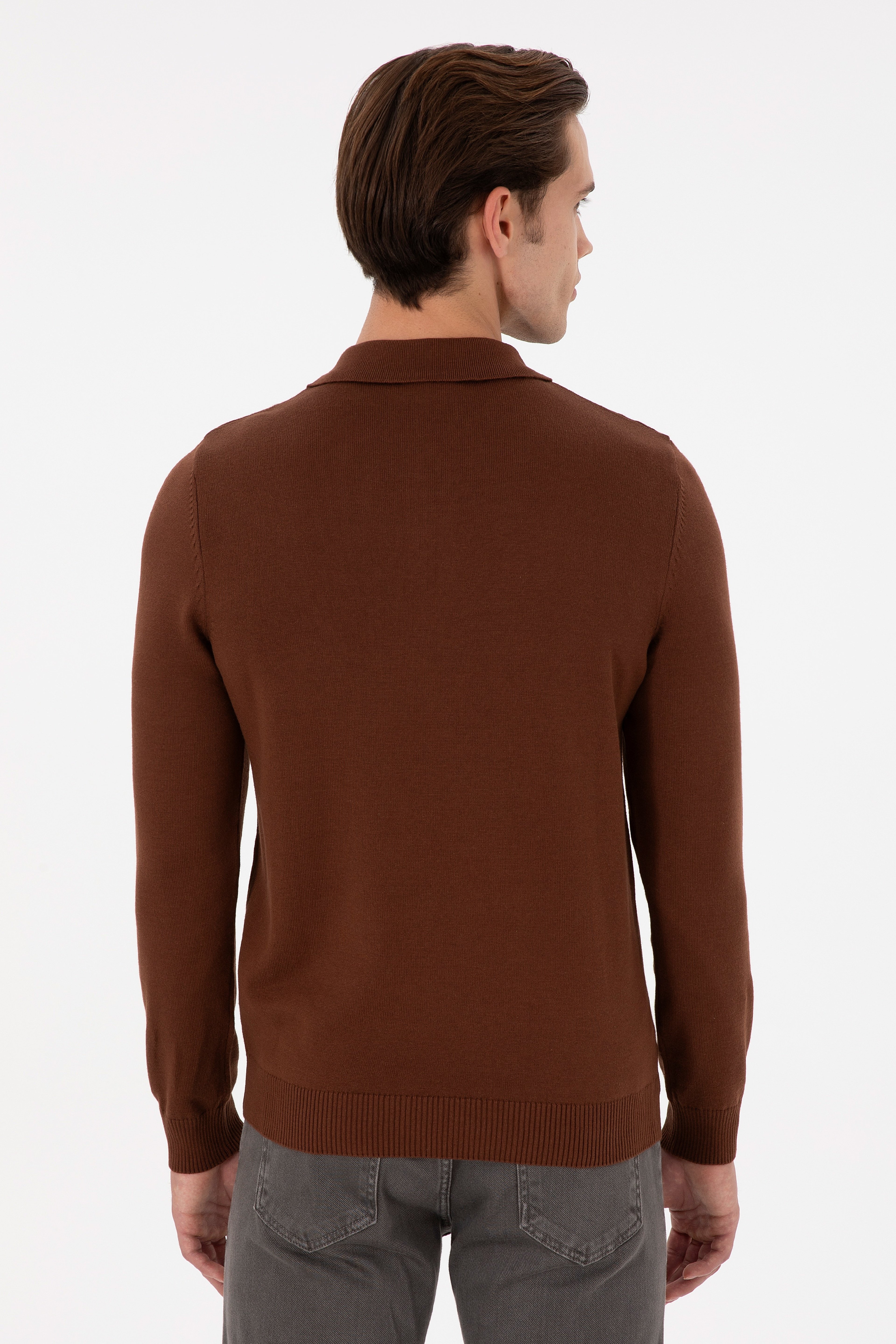 Erkek Slim Fit Yarım Fermuarlı Kahverengi Basic Kazak
