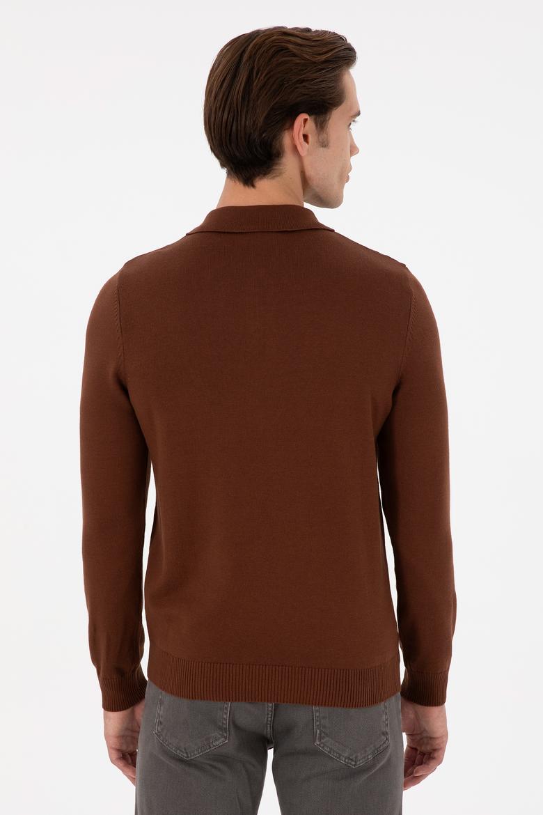 Erkek Slim Fit Yarım Fermuarlı Kahverengi Basic Kazak - 50297066046