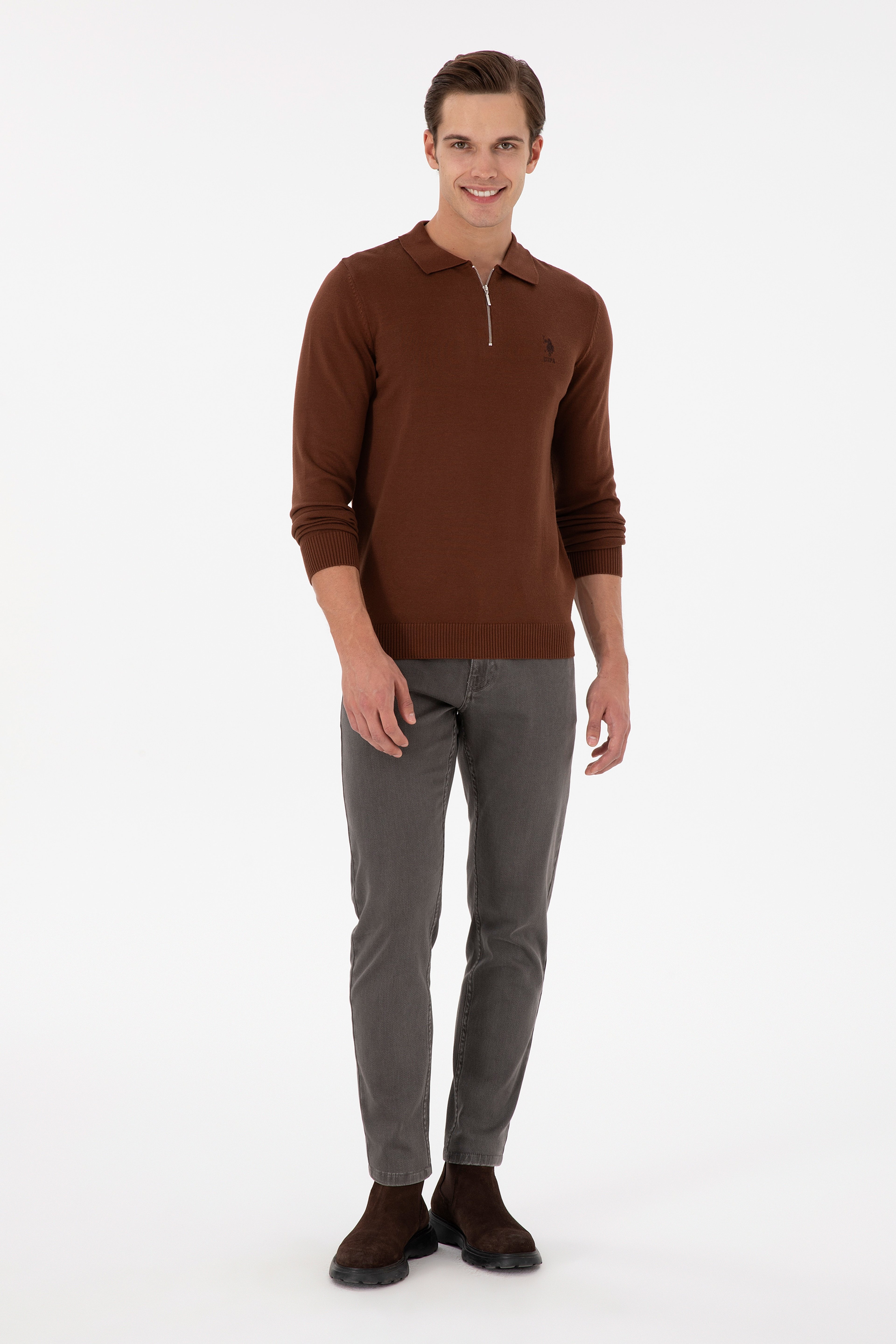 Erkek Slim Fit Yarım Fermuarlı Kahverengi Basic Kazak