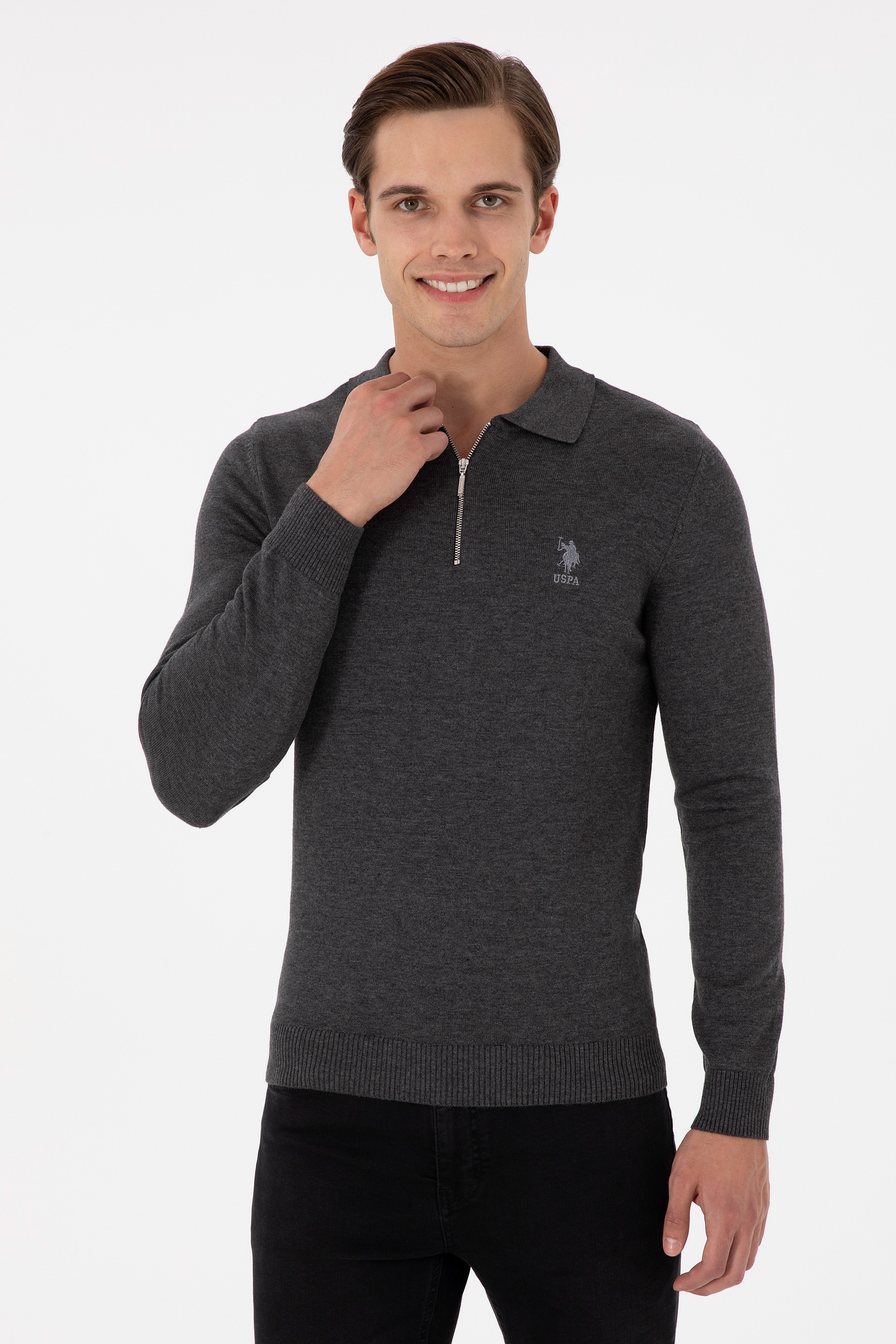 Erkek Slim Fit Yarım Fermuarlı Antrasit Melanj Basic Kazak - Image 1