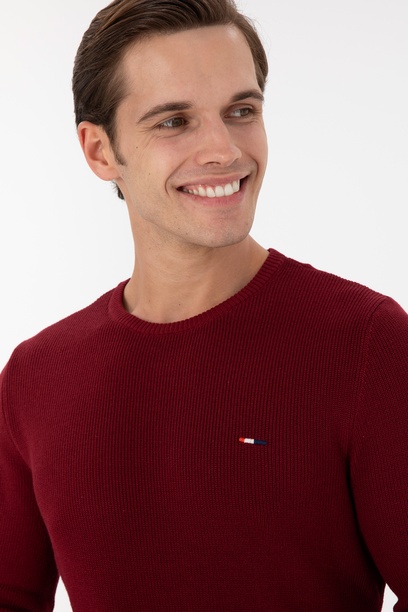 Erkek Slim Fit Bisiklet Yaka Bordo Basic Kazak
