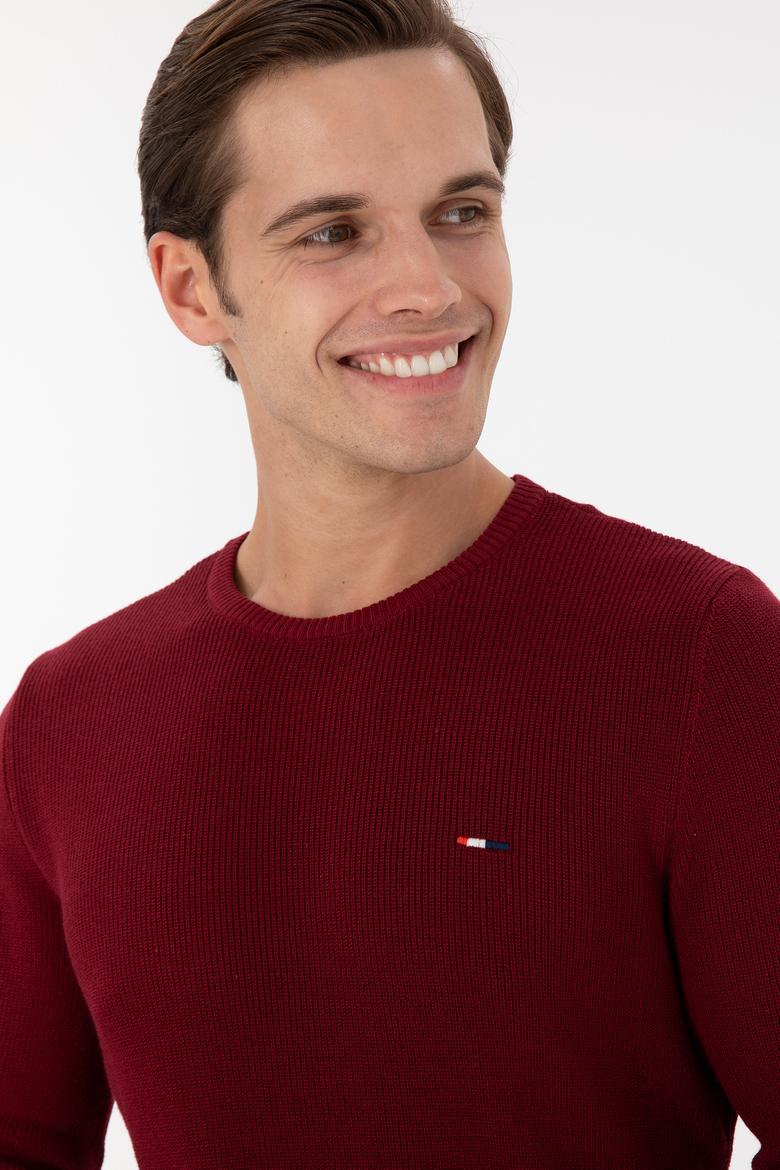 Erkek Slim Fit Bisiklet Yaka Bordo Basic Kazak - 50298282008