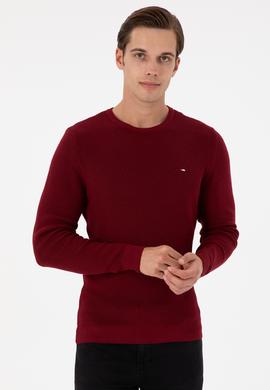 Erkek Slim Fit Bisiklet Yaka Bordo Basic Kazak - 50298282008