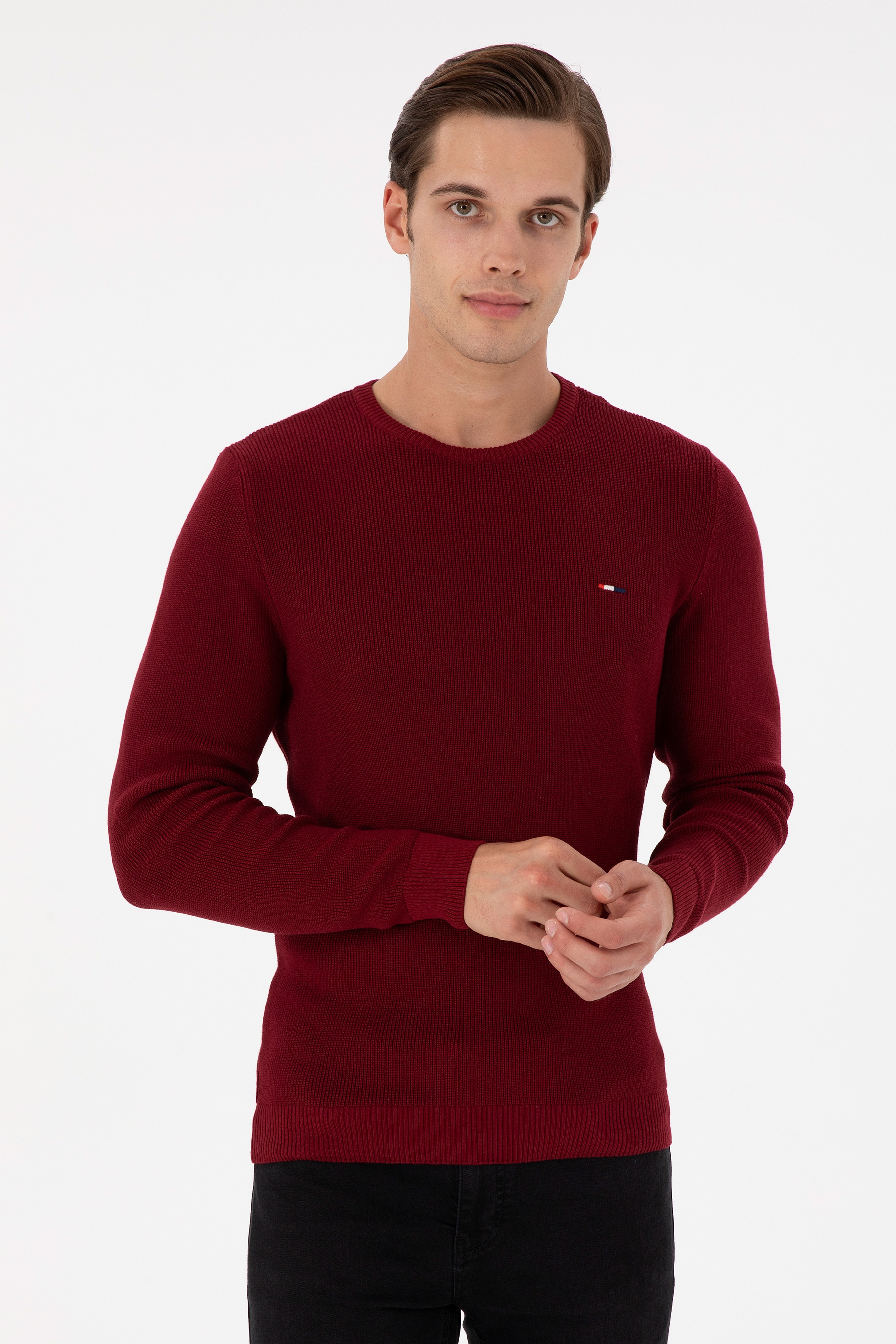 Erkek Slim Fit Bisiklet Yaka Bordo Basic Kazak - Image 1