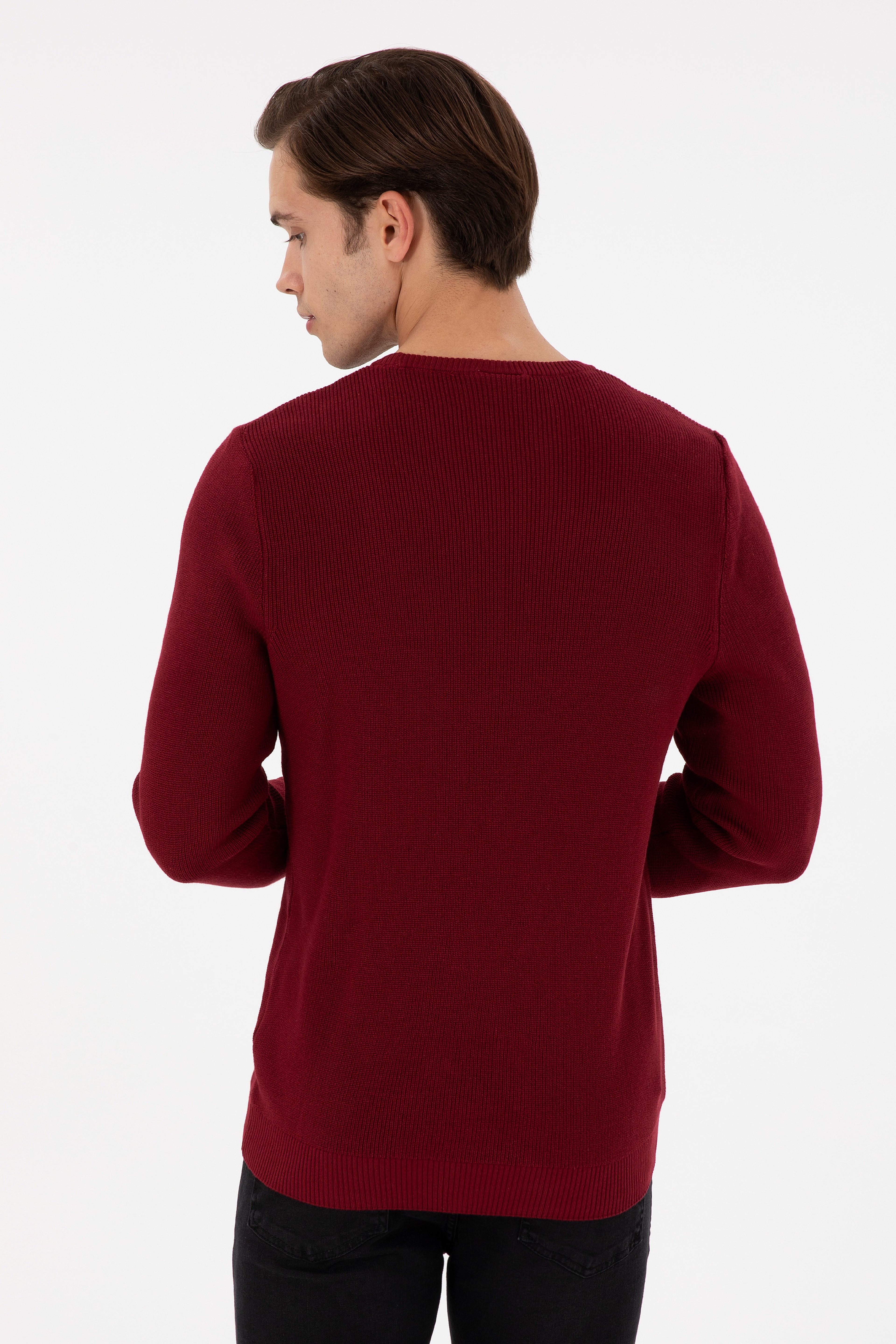 Erkek Slim Fit Bisiklet Yaka Bordo Basic Kazak - Image 5