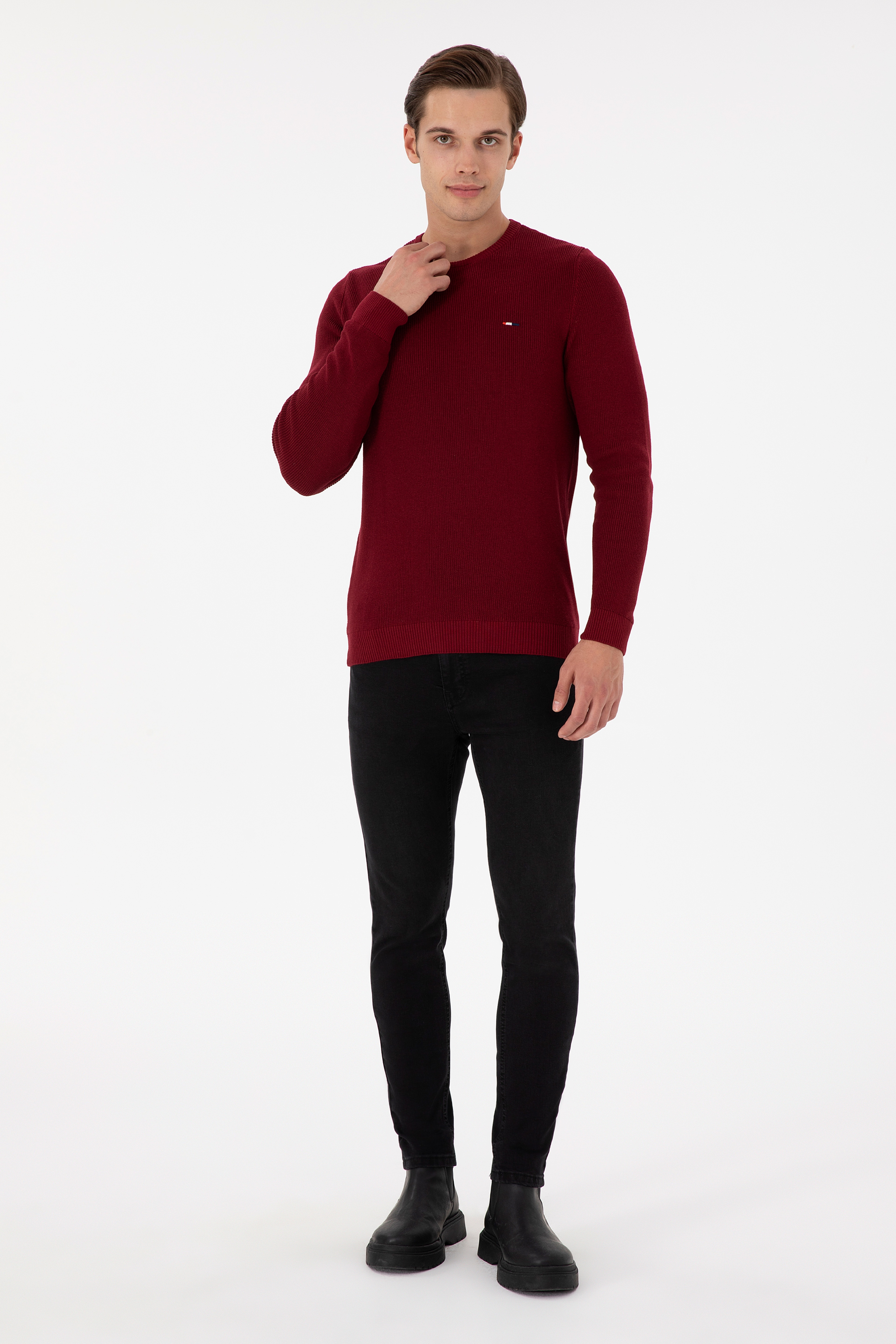 Erkek Slim Fit Bisiklet Yaka Bordo Basic Kazak