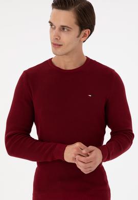 Erkek Slim Fit Bisiklet Yaka Bordo Basic Kazak - 50298282008