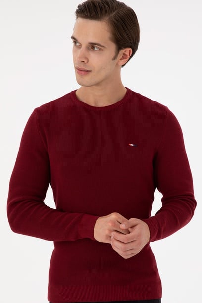 Erkek Slim Fit Bisiklet Yaka Bordo Basic Kazak