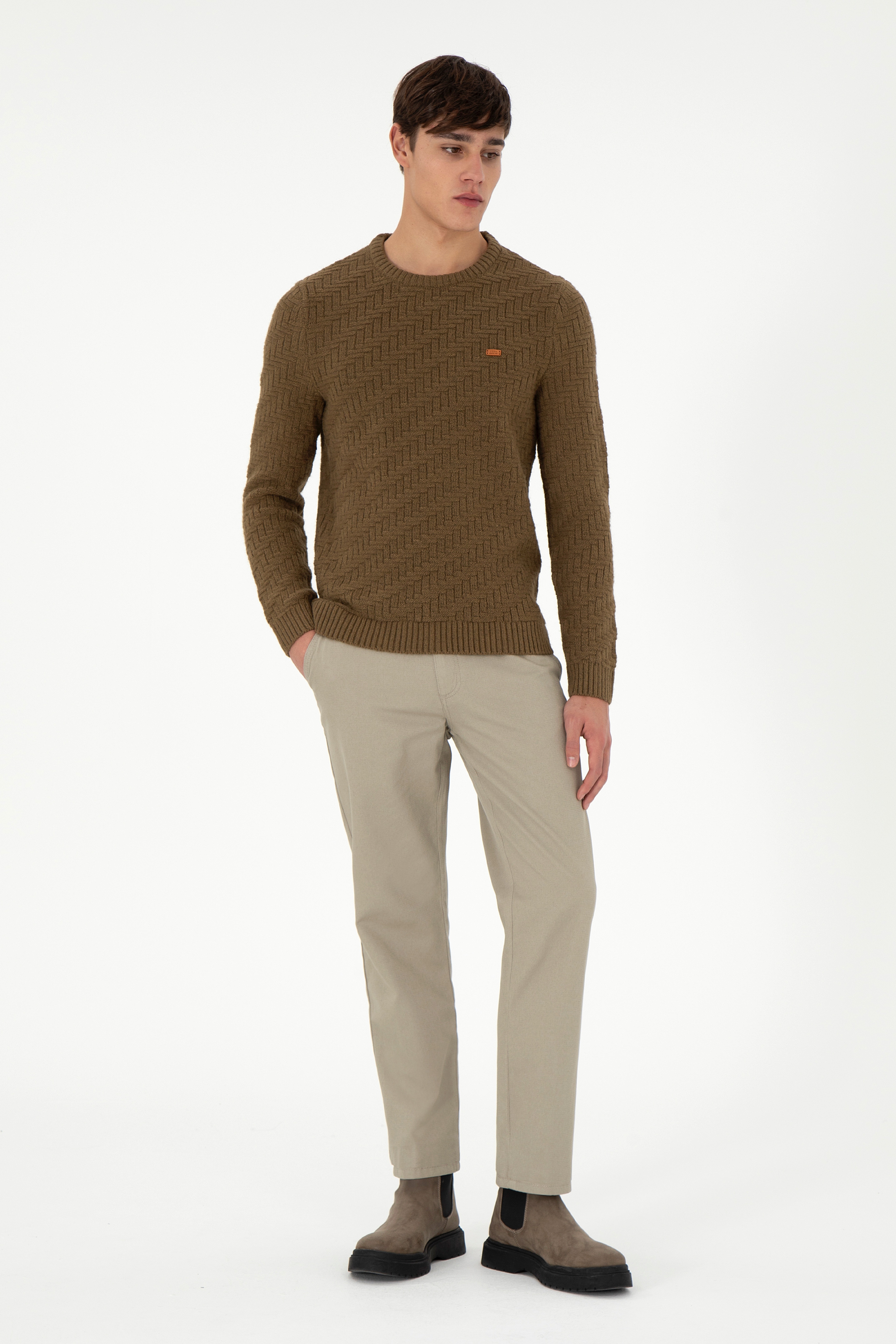 Erkek Slim Fit Bisiklet Yaka Haki Kazak - Image 4