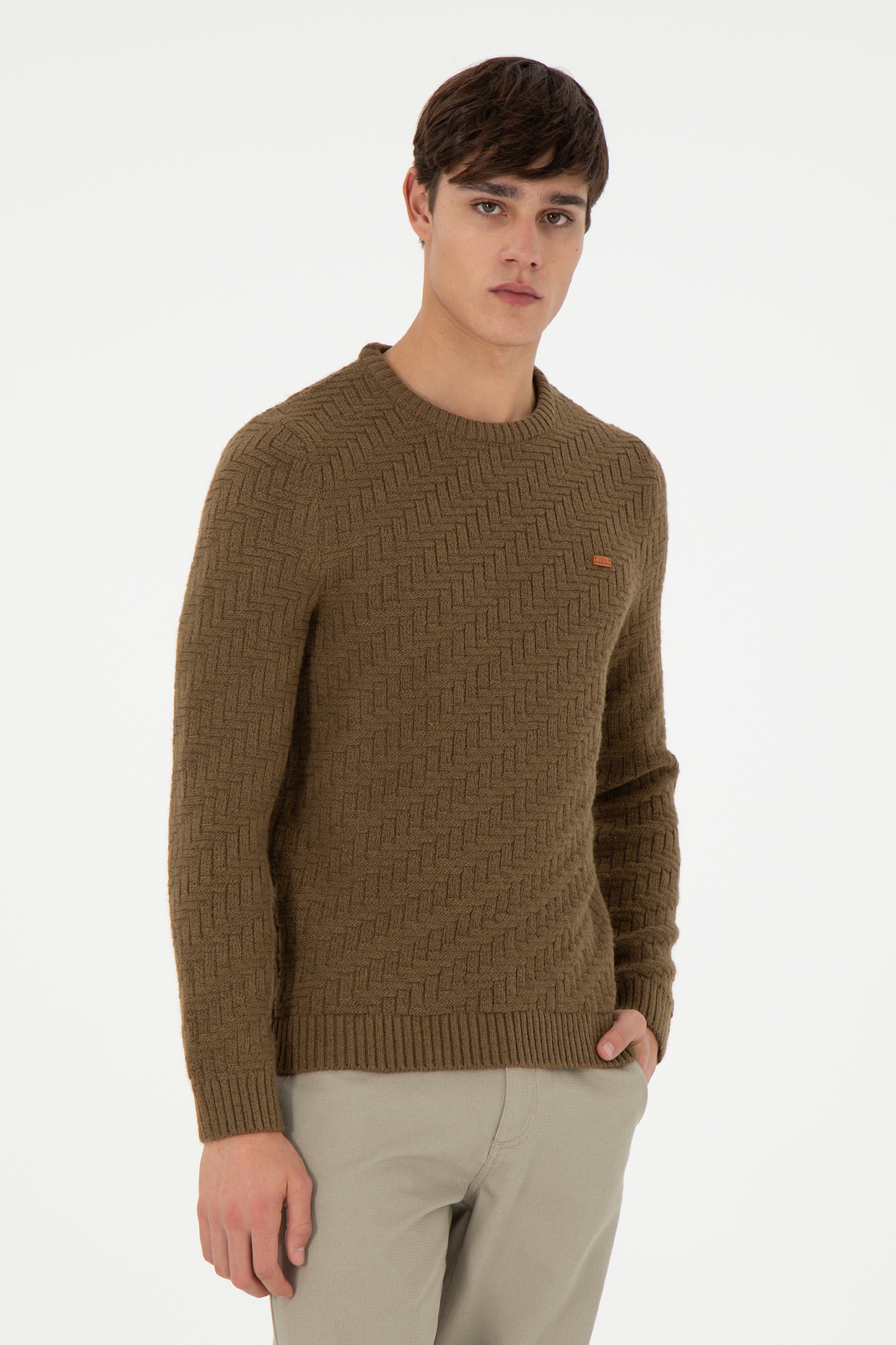 Erkek Slim Fit Bisiklet Yaka Haki Kazak - Image 1