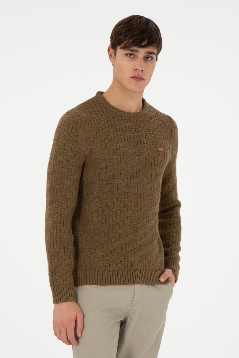 Erkek Slim Fit Bisiklet Yaka Haki Kazak